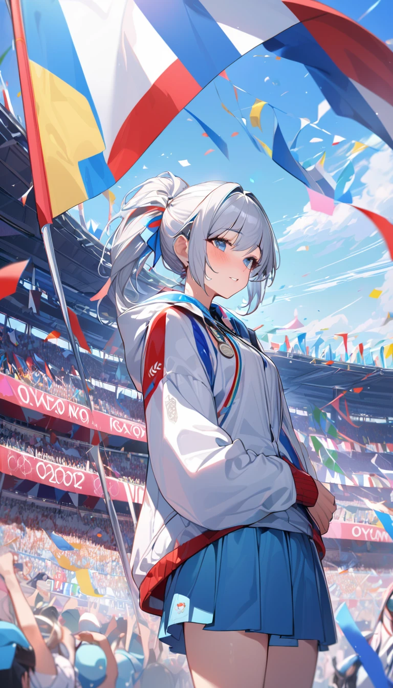 best quality, high quality, 16K, Unbelievably ridiculous, Very detailed, 2.5D, Delicate and dynamic, Blue sky, Colorful contrails, Confetti, Olympic flag, crowd, audience, athlete' Track and field arena,Preparing to start at the starting line,side,Look up into the distance,Tight sportswear