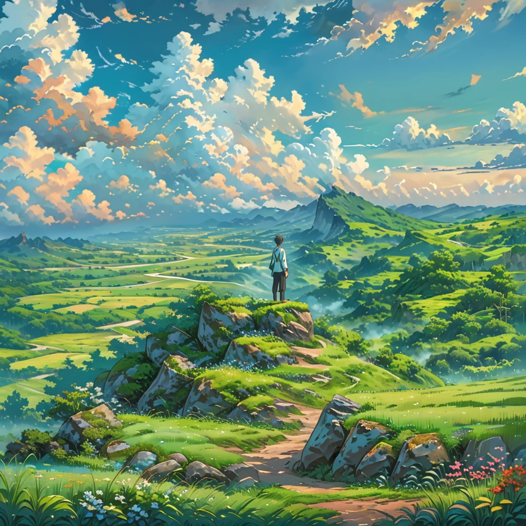 An anime man standing solemnly in a vast field of lush green grass, under an expansive sky with vibrant, blue clouds. The landscape is breathtakingly beautiful, depicted in ultra HD with high detail. The scene is vibrant and designed to look like an award-winning photograph, capturing a sense of melancholy and beauty.