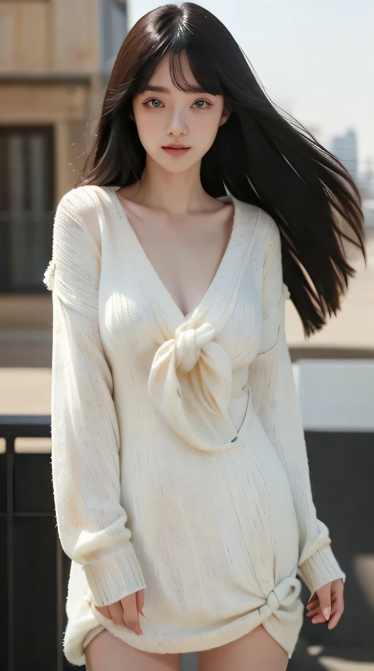 (masterpiece:1.3)、(8K,Photorealistic, Raw Photography, top-quality: 1.4), (1girl in), beautiful expression, (Lifelike face), Beautiful hairstyle, Realistic Eyes, Beautiful details, (real looking skin), Beautiful skins, absurderes, enticing, High resolution, Hyper-realistic, High-detail, The golden ratio, sexy look, smooth , sexy, she is smiling and excited, she expressing joy, (Cozy dangara V-neck knit dress:1.45), (Twisted dress:1.3)
