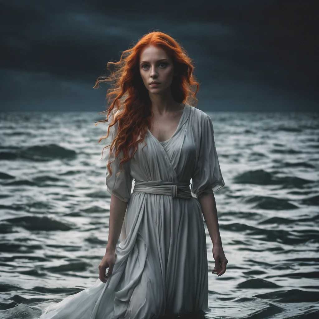 Sdxl Photorealism Realistic fiery redhead Woman BREAK she is holding a big anvil made of cast iron BREAK she is sitting in a small wooden boat BREAK she is wearing a loose fitting deepcowl revealing dress made of wet cotton, soaked cotton, see-trough fabric, wet fabric BREAK there is a big rope tied around her waist BREAK Dark Stormy clouds in the background, bokeh background BREAK her gothic makeup is dripping because of the heavy rain, downpour rain, diluvian rain BREAK the water of the lake is dark + shimmering pale spectres of liquid souls streaking under the surface BREAK she has bruises on legs, around her neck and on her forearms BREAK she is extremely goodlooking, perfect female proportions, slender but athletic, medium pointy breast, hard nipples under the wet fabric of her torn dress BREAK subliminal medusa head in the fullmoon in the sky, barely perceptible BREAK rule of third composition + 8k + HDR studio lighting + cold color palette + vivid textures +