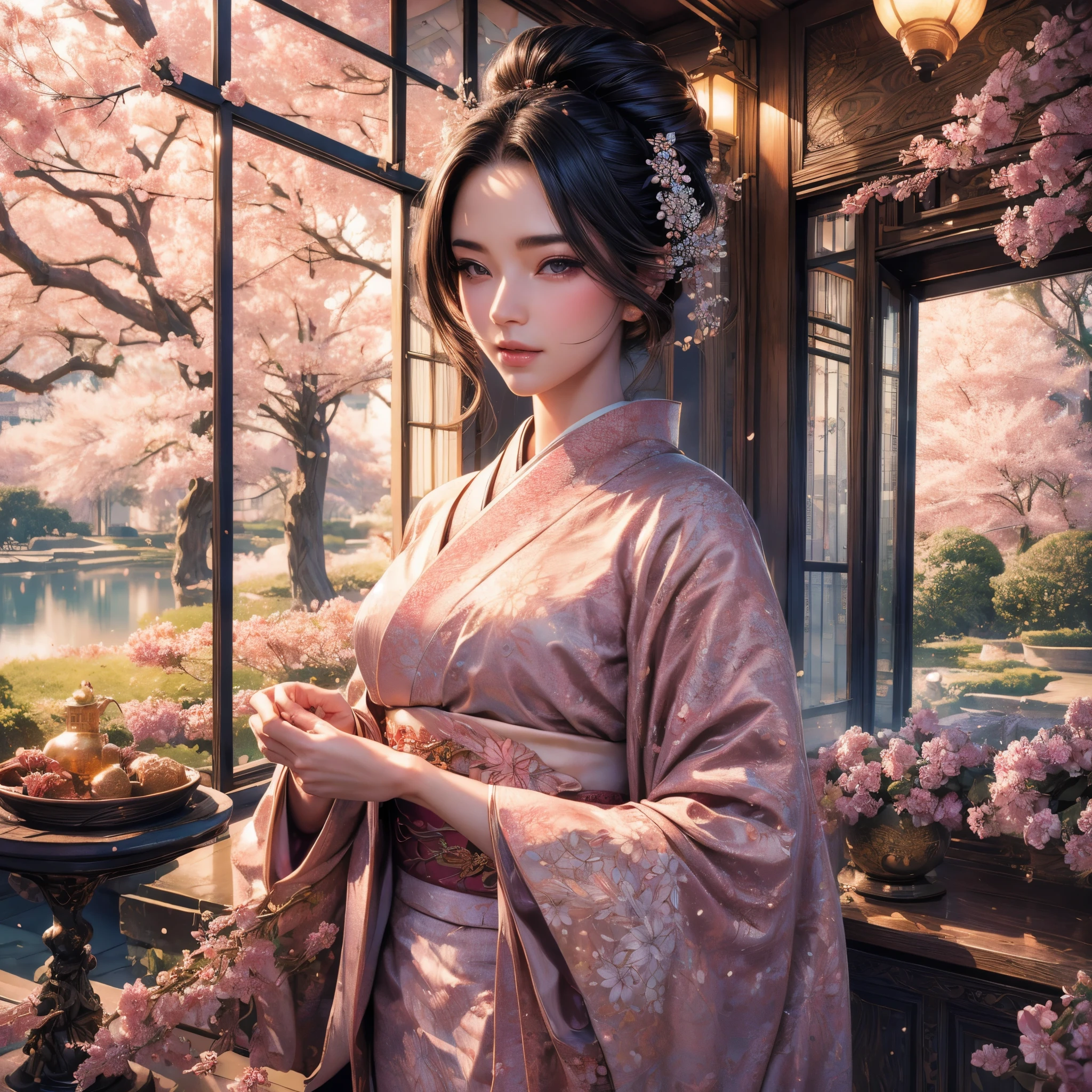 A beautifully detailed and aesthetic image of a girl wearing a kimono. She has strikingly detailed eyes, surrounded by light particles that enhance the delicate features of her face. The scene includes cherry blossoms in the background, adding to the serene and elegant atmosphere. She is adorned with tasteful jewelry, enhancing her overall appearance. The composition is a medium shot, capturing her beauty and the intricate details of the kimono and surroundings in a highly detailed, visually captivating manner.