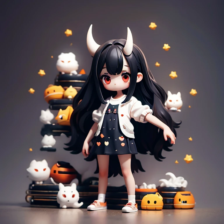 Young Girl,,Wearing a one-piece dress,Mini character,Red eyes,Black Hair,Long Hair,Dark atmosphere,Deformed character,Horns growing,Ahoge,
