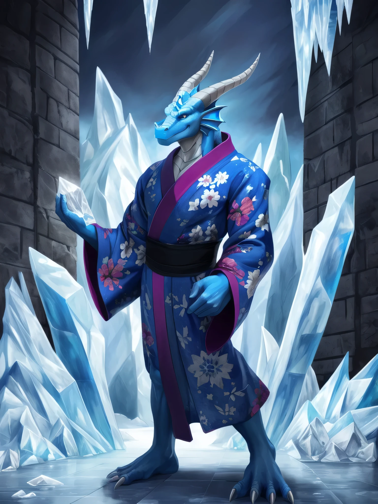 Masterpiece, High quality, Ridiculous resolution, Digital Painting \(work of art\), alone, (Kimono:1.4), Male Anthro Dragon, blue body, White belly, ice, smile, Medieval dress, Detailed background, anime, (dark shadow, Wide dynamic range, HDR, muscle, sixpackabs,