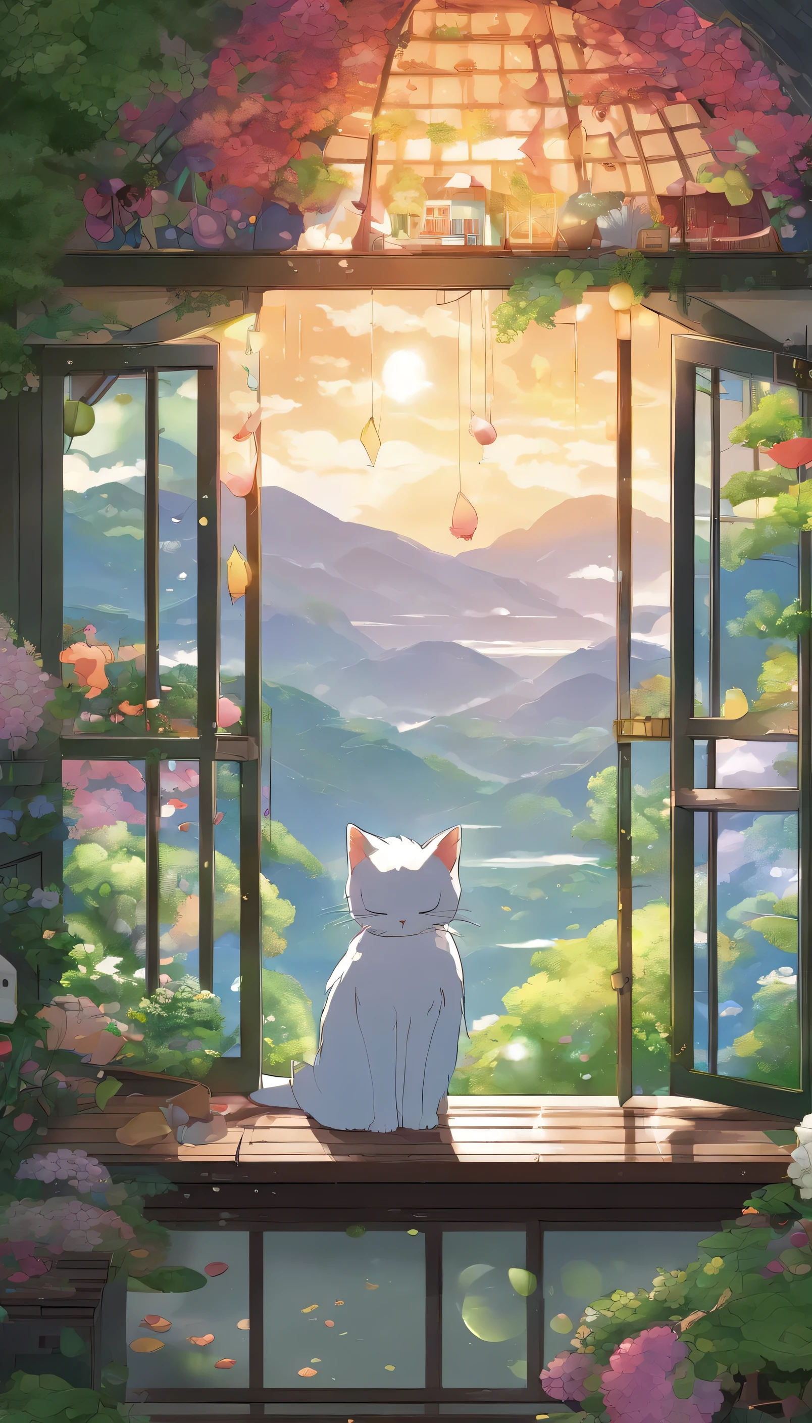 Create an anime-style scene depicting a monsoon in a small, picturesque town. The sky is filled with swirling gray clouds, and rain gently falls on vibrant green rice paddies and cobblestone streets lined with quaint wooden houses. Children run joyfully through the fields, and colorful paper lanterns sway in the breeze. In one house, a young girl with wide, curious eyes watches the rain from a window, a fluffy calico cat beside her. The scene includes a lush forest with tall, ancient trees and a misty curtain of rain, and a small shrine surrounded by blooming hydrangeas. As the rain subsides, a rainbow appears against a sky painted with oranges, pinks, and purples, casting a magical glow over the landscape."