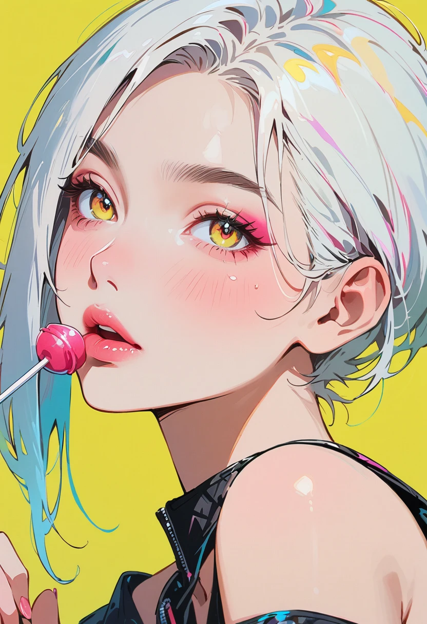 (masterpiece, best quality:1.4), 1 girl, solo, Anime style, Colorful pupils, Blurred eyes, Eat Lollipop, Pink lower lip, Cyberpunk style makeup, Short silver asymmetrical hair, Asymmetrical short hairstyle, Long bangs on one side, Color highlights, Black off-the-shoulder leather jacket, Pure yellow background.