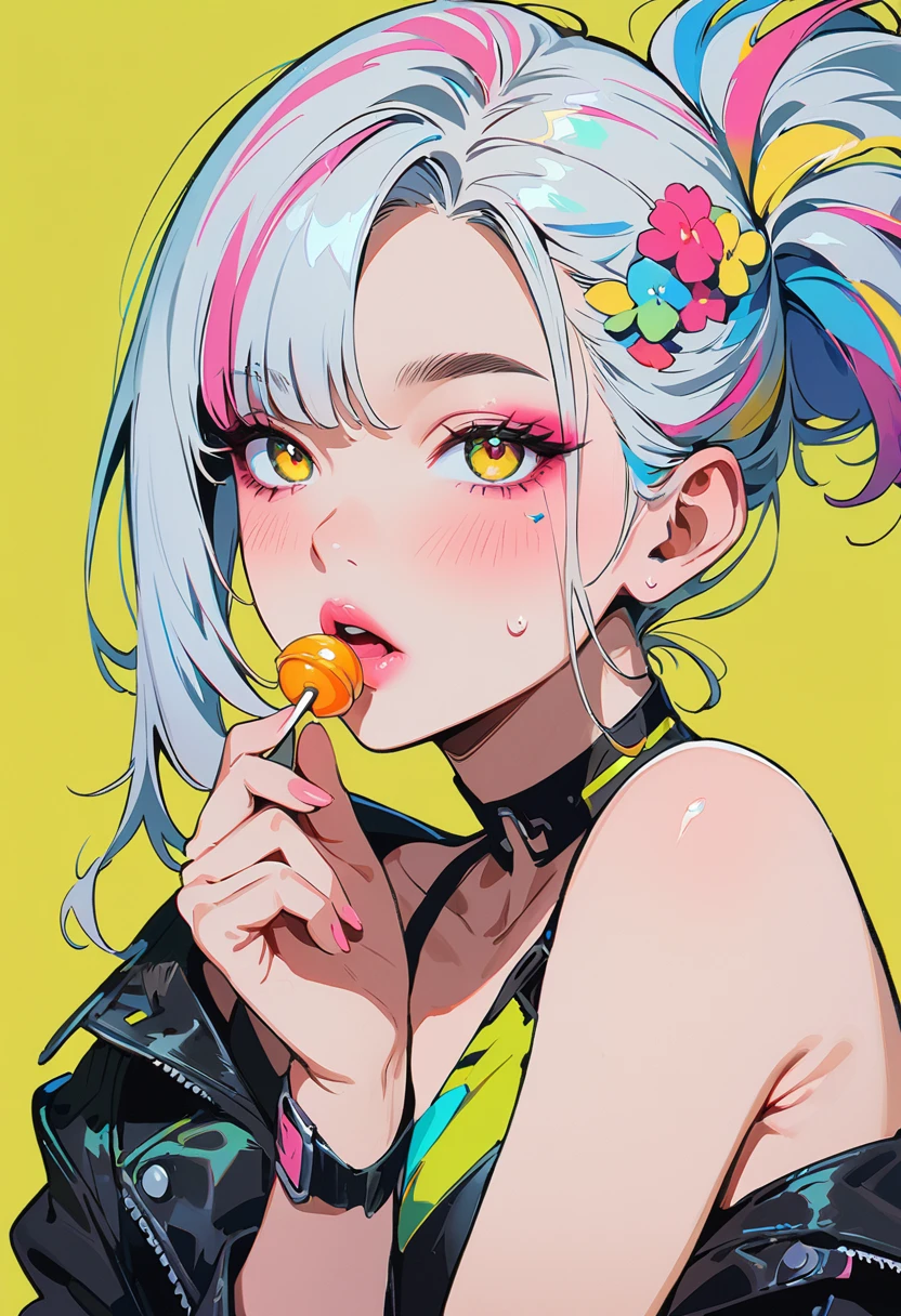 (masterpiece, best quality:1.4), 1 girl, solo, Anime style, Colorful pupils, Blurred eyes, Eat Lollipop, Pink lower lip, Cyberpunk style makeup, Short silver asymmetrical hair, Asymmetrical short hairstyle, Long bangs on one side, Color highlights, Black off-the-shoulder leather jacket, Pure yellow background.