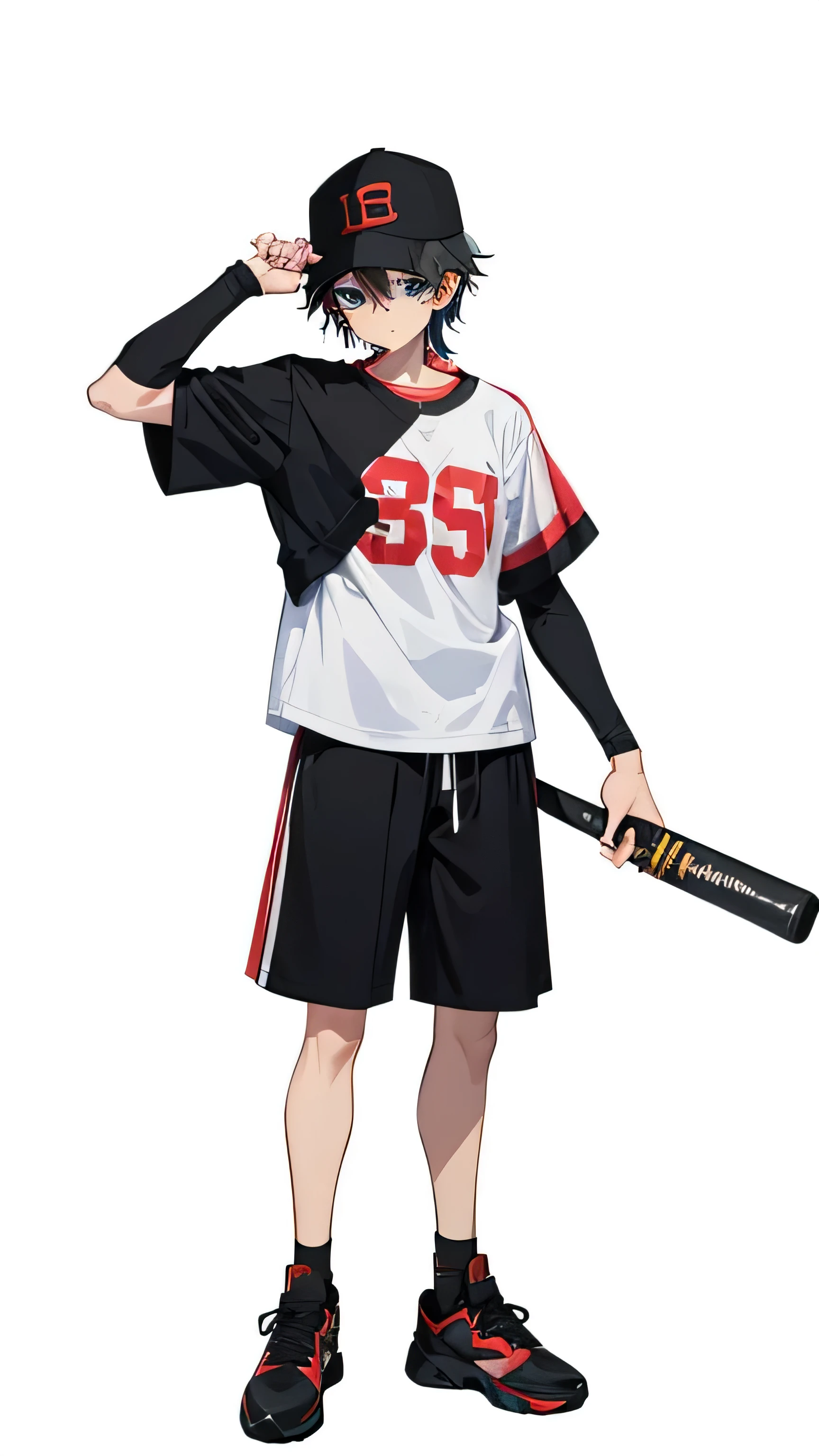 The age anime character wears a backwards hat and holds a baseball bat over his shoulder with black shoes