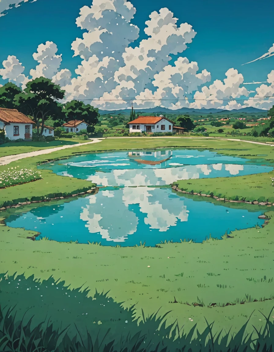 green grass, Meadow, anime studio casa de campo sol ghibli Pape l pintado de lirio blanco, white themed background, blue water pond, white clouds in the background