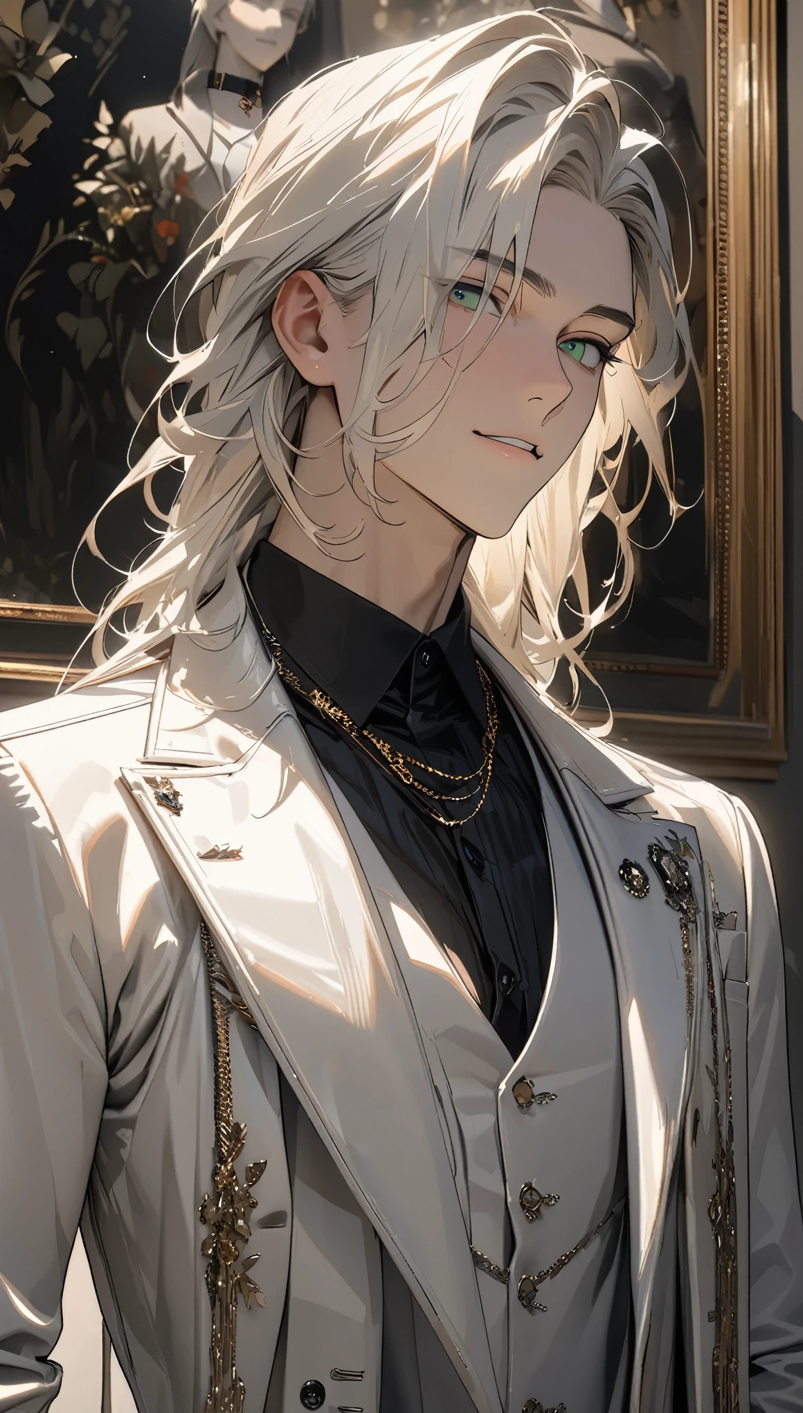 (masterpiece:1.5),best quality,(1 Handsome man),alone,white long length hair,(green eyes), (A soft smile),elegant,perfect face,Luxurious modern clothing,Slightly muscular body,High,8k,Beautiful contrast of light and shadow,(complete upper body),Positive face,((museum)),plant,Flowers,anatomically correct,Black shirt,Luxurious white trench coat,Beautiful Boy,23 years old,Collar Chain,Lapel Pin,Waistcoat