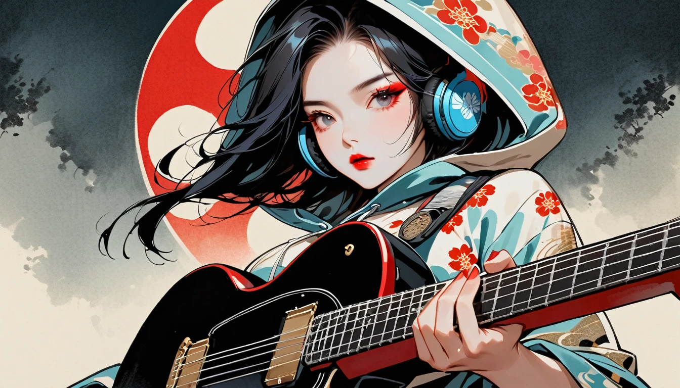 (((Ink Painting))), (((seiza))), (((from below))), (((Flashy makeup))), (((Japanese style headphones))), (((Japanese pattern hoodie))), (((Put on the hood))), (((Electric guitar))), Japan人の美少女, Black Hair, Delicate and precise, Modern ukiyo-e style,Japan, Japanese flag, vivid color