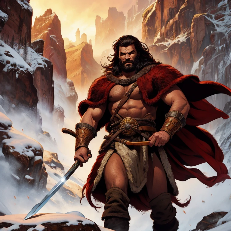 a detailed fantasy illustration of a cimerian warrior, Conan the Barbarian, walking through the snow in the mountains, covered in a bear skin cloak, holding a small sword, wearing a viking-style helmet, (best quality,4k,8k,highres,masterpiece:1.2),ultra-detailed,(realistic,photorealistic,photo-realistic:1.37),intricate details, dramatic lighting, cinematic composition, moody atmosphere, warm color palette