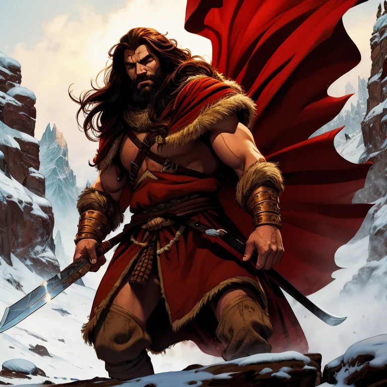 a detailed fantasy illustration of a cimerian warrior, Conan the Barbarian, walking through the snow in the mountains, covered in a bear skin cloak, holding a small sword, wearing a viking-style helmet, (best quality,4k,8k,highres,masterpiece:1.2),ultra-detailed,(realistic,photorealistic,photo-realistic:1.37),intricate details, dramatic lighting, cinematic composition, moody atmosphere, warm color palette