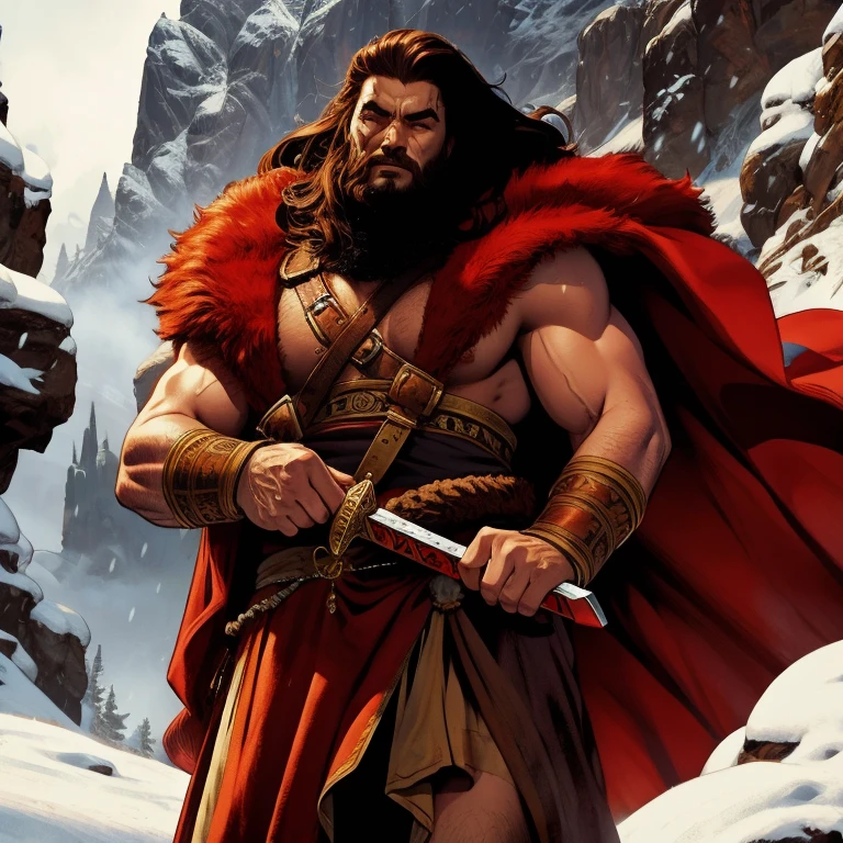 a detailed fantasy illustration of a cimerian warrior, Conan the Barbarian, walking through the snow in the mountains, covered in a bear skin cloak, holding a small sword, wearing a viking-style helmet, (best quality,4k,8k,highres,masterpiece:1.2),ultra-detailed,(realistic,photorealistic,photo-realistic:1.37),intricate details, dramatic lighting, cinematic composition, moody atmosphere, warm color palette