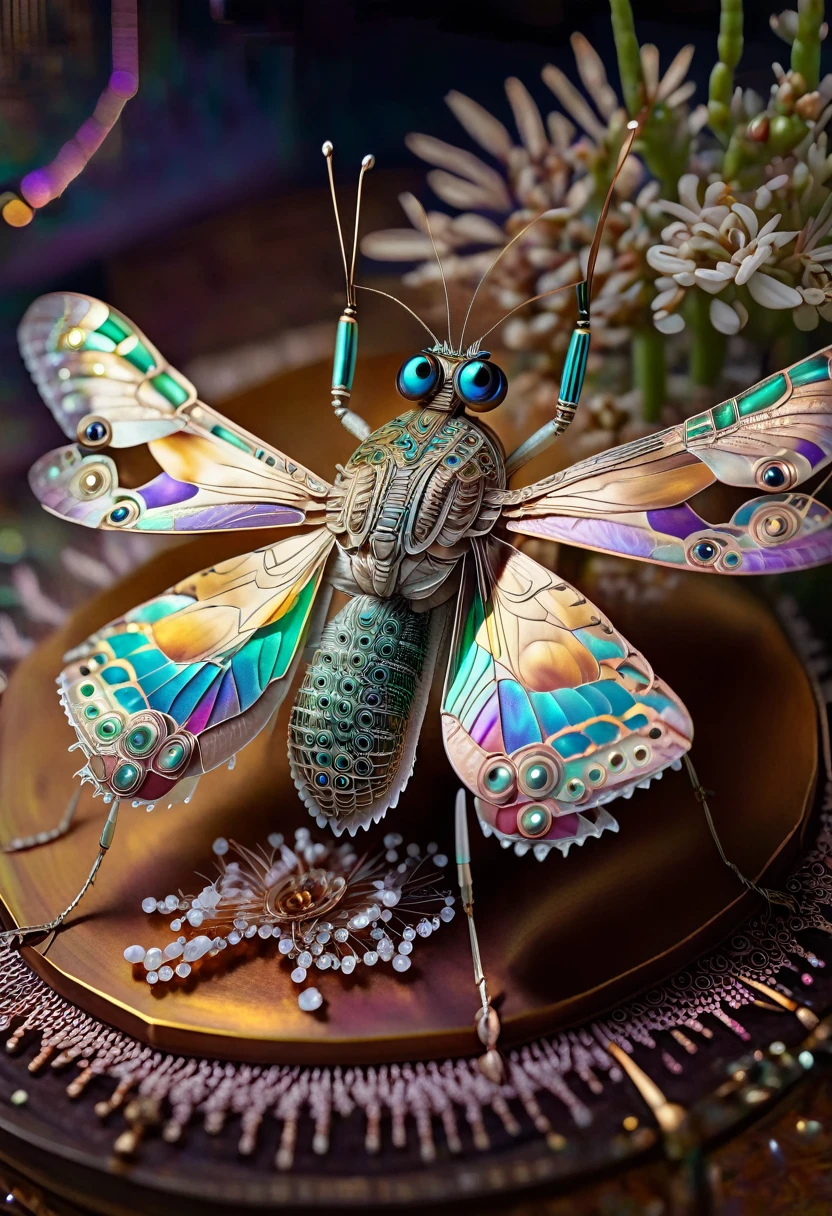 An amazing being tiny, with metallic colors and long antennas, compound eyes, like those of a mantis. iridescent wings with geometric mandalas. perched on a grain of salt on a table.