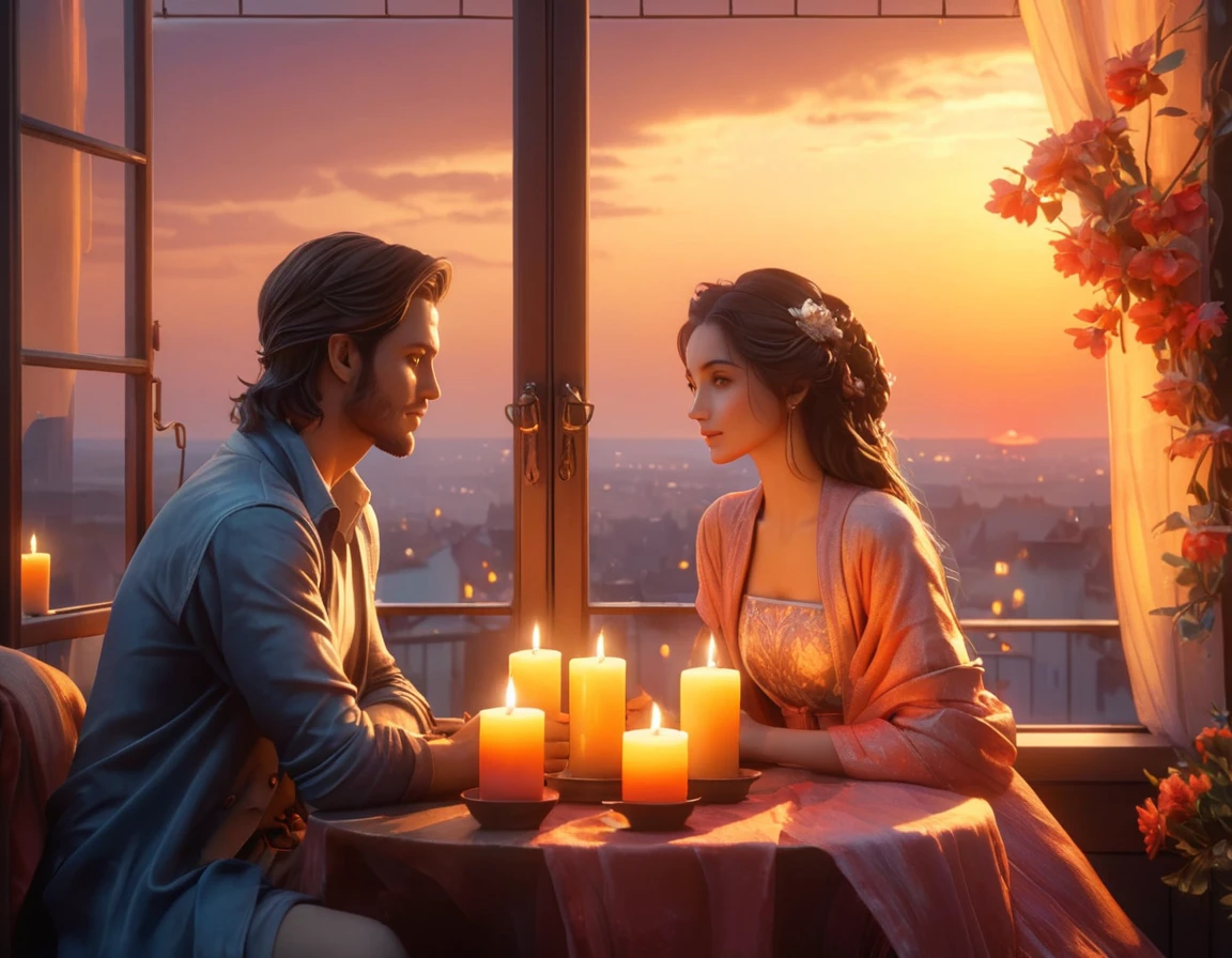 a man and woman sitting at a table with candles in front of a window, gorgeous romantic sunset, romantic couple, romantic scene, rooftop romantic, dreamy and romantic, in romantic style, romantic atmosphere, romantic ambiente, unreal engine ; romantic theme, ❤🔥🍄🌪, warm beautiful scene, romantic themed, romantic!!!, romantic painting, romantic light, summer setting