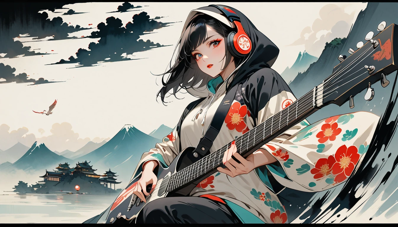 (((Ink Painting))), (((seiza))), (((from below))), (((Flashy makeup))), (((Japanese style headphones))), (((Japanese pattern hoodie))), (((Put on the hood))), (((Electric guitar))), Japan人の美少女, Black Hair, Delicate and precise, Modern ukiyo-e style,Japan, Japanese flag, vivid color