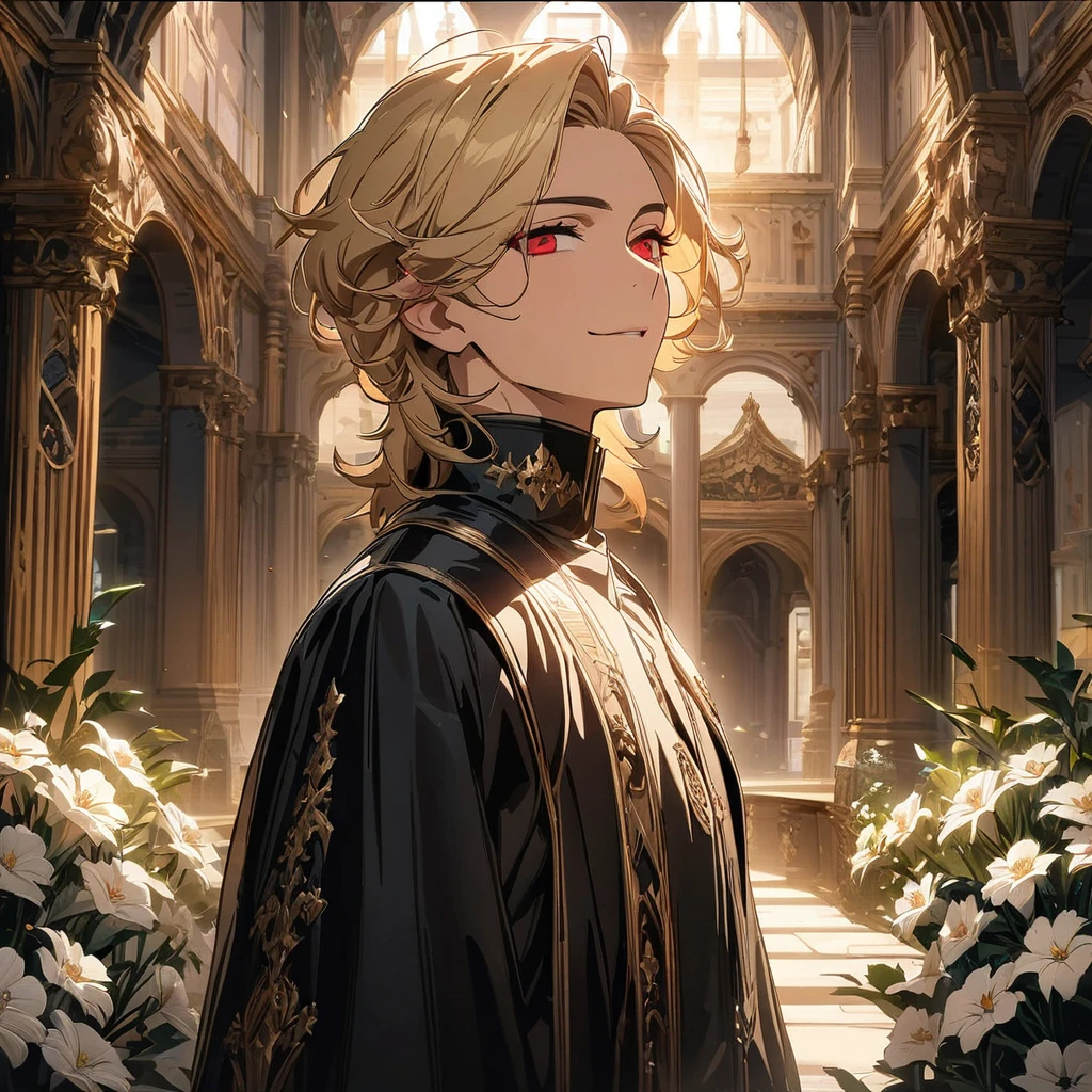 (masterpiece, best quality), Very detailed, best quality, official art, Beautiful and beautiful: 1.2),Beautifully，(1 handsome guy)，copyright，alone，Light blonde hair， (Red eyes), (A gentle yet distant smile)，perfect face，Black priest suit，complex clothing design，high goals，8k，Beautiful contrast of light and shadow，Be positive，Nice face，noble，gorgeous palace，Interior background，((White flowers))，Gorgeous background，(Comic style:1.5)