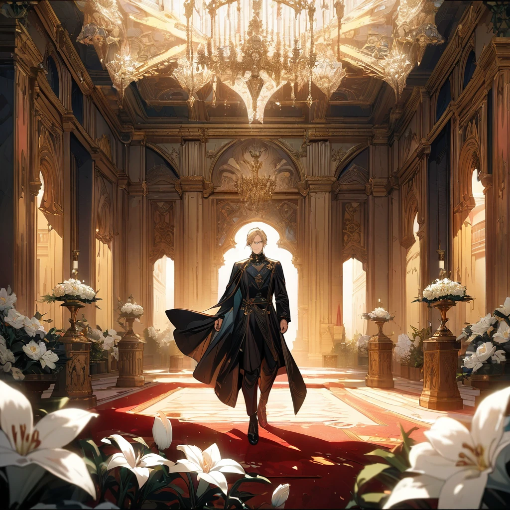 (masterpiece, best quality), Very detailed, best quality, official art, Beautiful and beautiful: 1.2),Beautifully,(1 handsome guy),copyright,alone,Light blonde hair, (Red eyes), (A gentle yet distant smile),perfect face,Black priest suit,complex clothing design,high goals,8k,Beautiful contrast of light and shadow,Be positive,Nice face,noble,gorgeous palace,Interior background,((White flowers)),Gorgeous background,(Comic style:1.5)