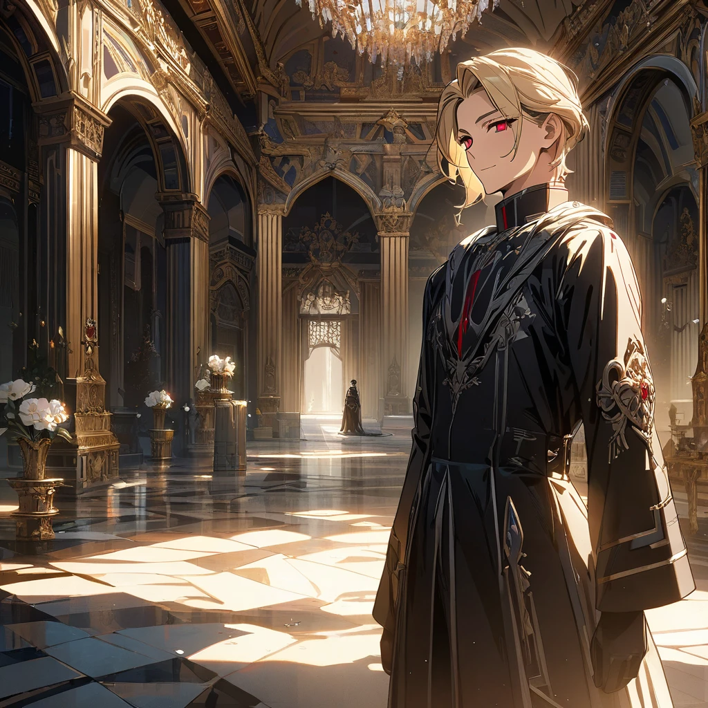 (masterpiece, best quality), Very detailed, best quality, official art, Beautiful and beautiful: 1.2),Beautifully,(1 handsome guy),copyright,alone,Light blonde hair, (Red eyes), (A gentle yet distant smile),perfect face,Black priest suit,complex clothing design,high goals,8k,Beautiful contrast of light and shadow,Be positive,Nice face,noble,gorgeous palace,Interior background,((White flowers)),Gorgeous background,(Comic style:1.5)