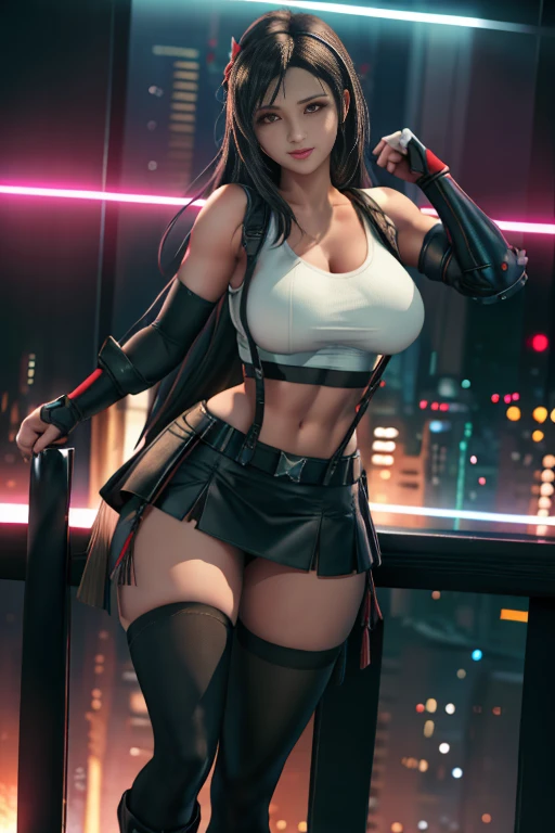 (8k, best quality, masterpiece:1.2), (realistic, photo-realistic), ultra-detailed, 1 girl,cute, solo, (tifa lockhart), (huge breasts), (smile:1.2), (closed mouth), erotic pose, posing, neon lights, cityscape, depth of field, depth of field, good composition, Final Fantasy VII, ankle boots, black hair, black thighhighs, red boots, elbow gloves, elbow pads, fingerless gloves, taut shirt, sports bra, (suspenders attached to skirt), thighhighs, (white tank top), full body, very long hair, ((red_eyes)), yellow flowers, (night), bokeh, cinematic lighting, nsfw, perfect breasts, sakimichan style