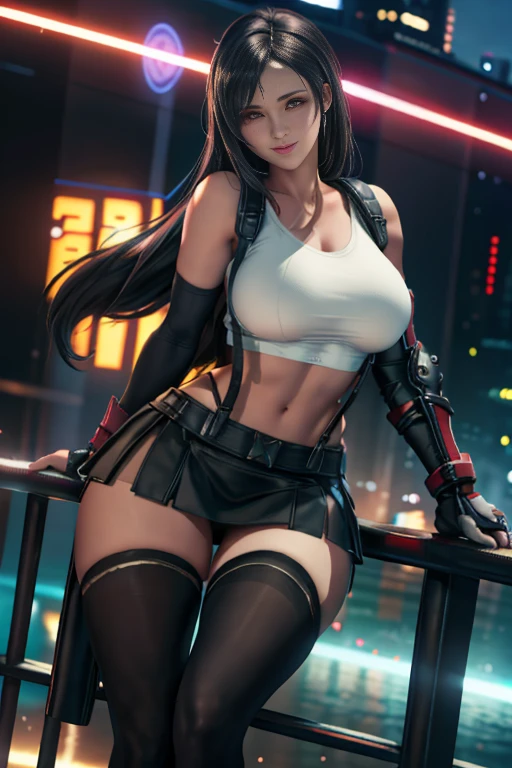 (8k, best quality, masterpiece:1.2), (realistic, photo-realistic), ultra-detailed, 1 girl,cute, solo, (tifa lockhart), (huge breasts), (smile:1.2), (closed mouth), erotic pose, posing, neon lights, cityscape, depth of field, depth of field, good composition, Final Fantasy VII, ankle boots, black hair, black thighhighs, red boots, elbow gloves, elbow pads, fingerless gloves, taut shirt, sports bra, (suspenders attached to skirt), thighhighs, (white tank top), full body, very long hair, ((red_eyes)), yellow flowers, (night), bokeh, cinematic lighting, nsfw, perfect breasts, sakimichan style