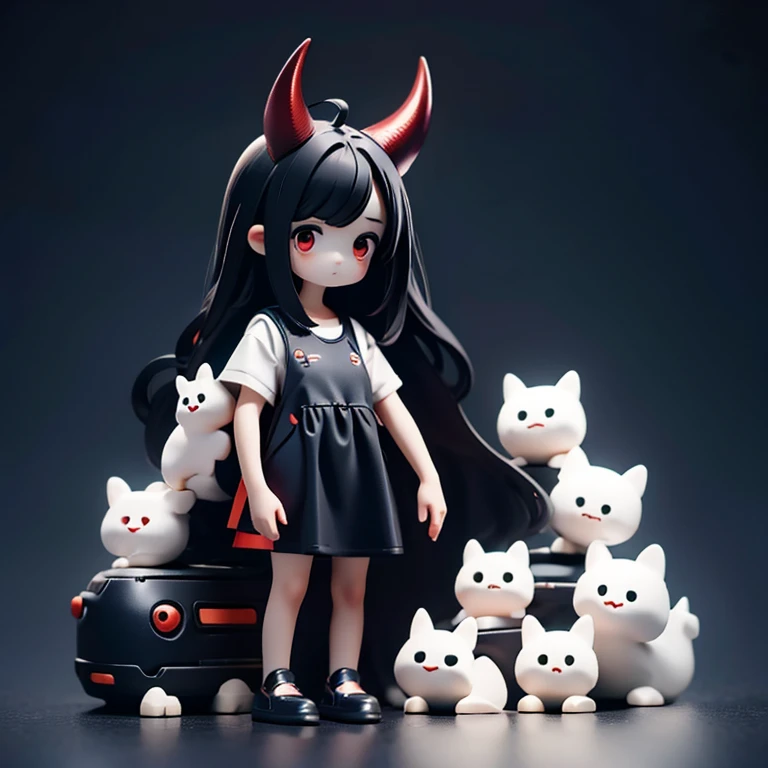 Young Girl,,Wearing a one-piece dress,Mini character,Red eyes,Black Hair,Long Hair,Dark atmosphere,Deformed character,Horns growing,Ahoge,
