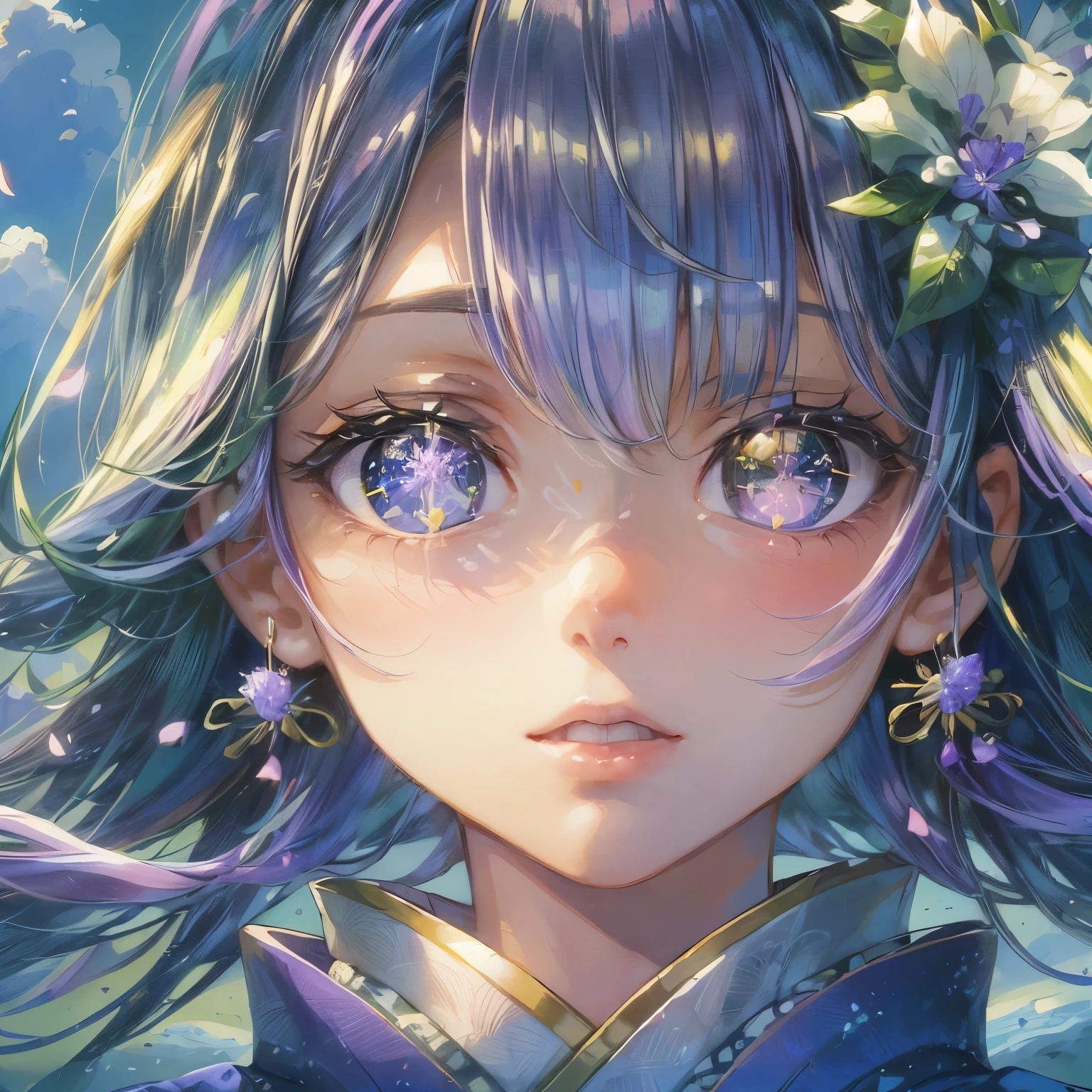 {Lowest Quality, Low Quality}, ((Girl)), Solo, (Close-up: 1.3), (Face Focus: 1.4), ((Half-up, Light purple Hair)), Clear Eyes and Plump Lips, Beautiful purple Eyes: 1.2), Speaking Heart, Praying Hands, (Perfect Hands: 1.3), (Traditional Japanese Costume: 1.2), (She is wearing a kimono with a Bellflower pattern, Delicate and Fine Embroidery: 1.3), Embarrassed, Standing Bow, Looking at the Viewer, Tilts Head, (Snowstorm, Scattered Petals: 1.5), (Light Particles, Light Sparkles: 1.4), Bellflower Effect, ((Bellflower Background)), High-Angle Shot, Must-Have, Best Quality, Super Detailed,
