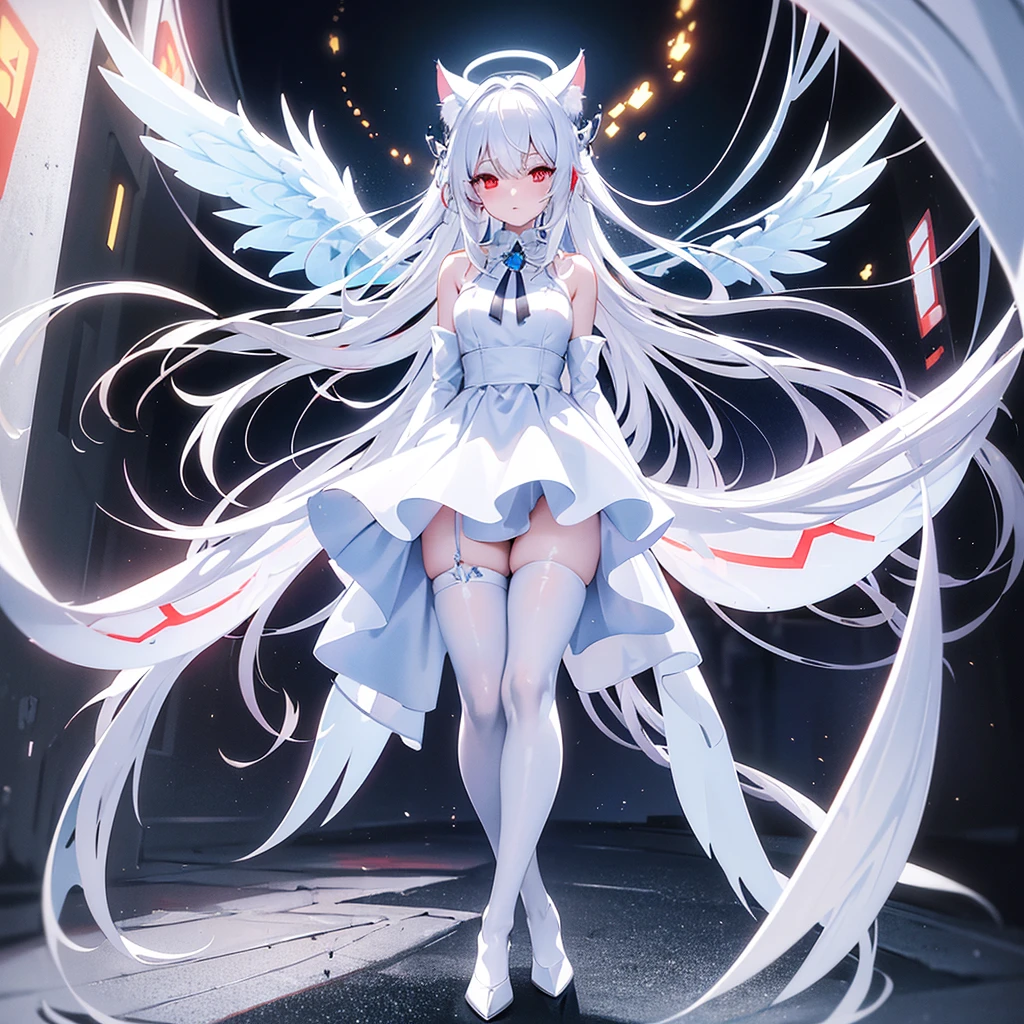 masterpiece, highest quality, highest resolution, clear_image, detailed details, White hair, long hair, cat ears, one girl, red eyes, white pantyhose, sci-fi military clothing, white scarf (with a light blue glow), gray futuristic halo (gray halo over the head), white wings (4 wings), cute, full body, no water marks