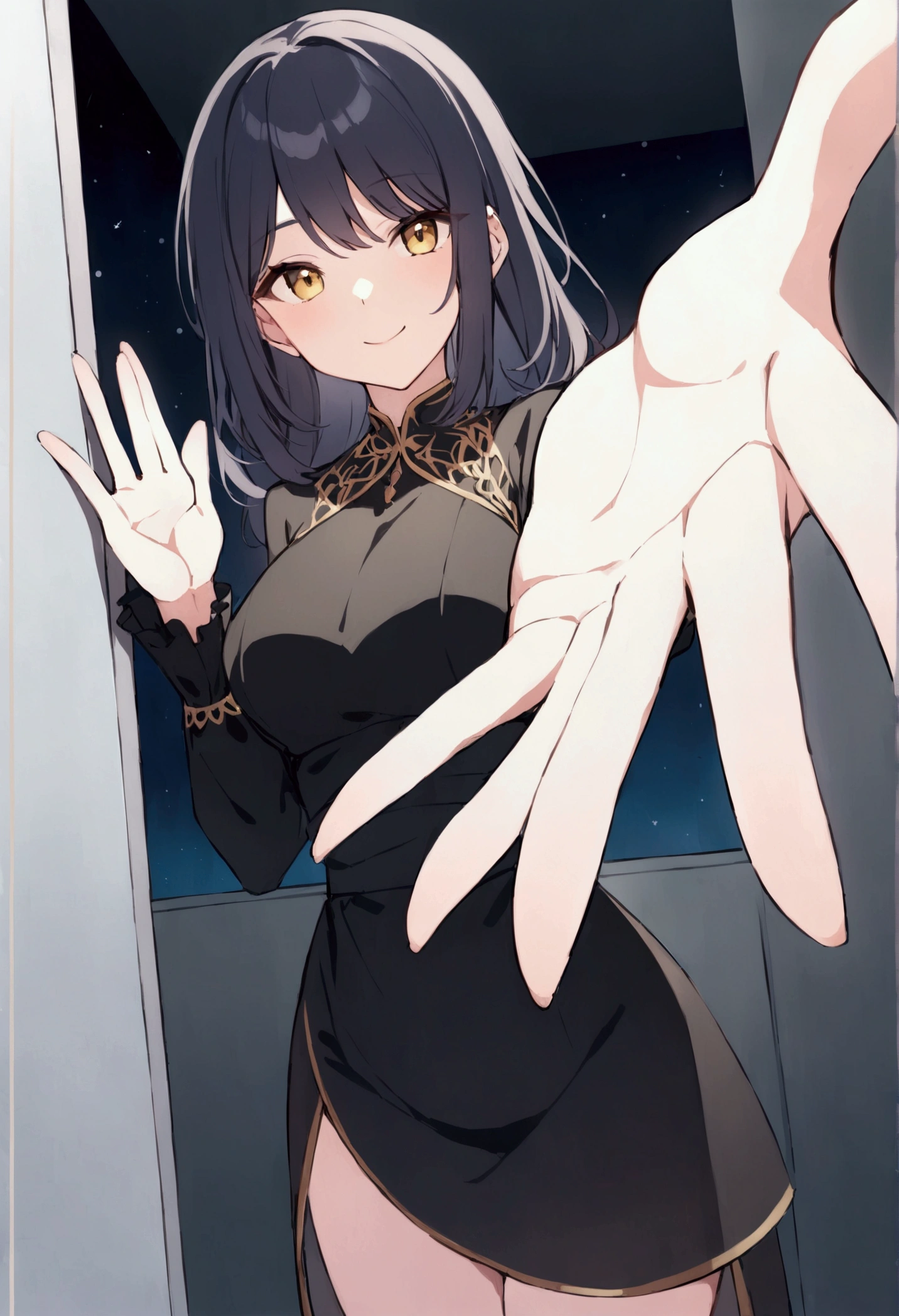 girl,night,Inside the room,Beckoning,smile