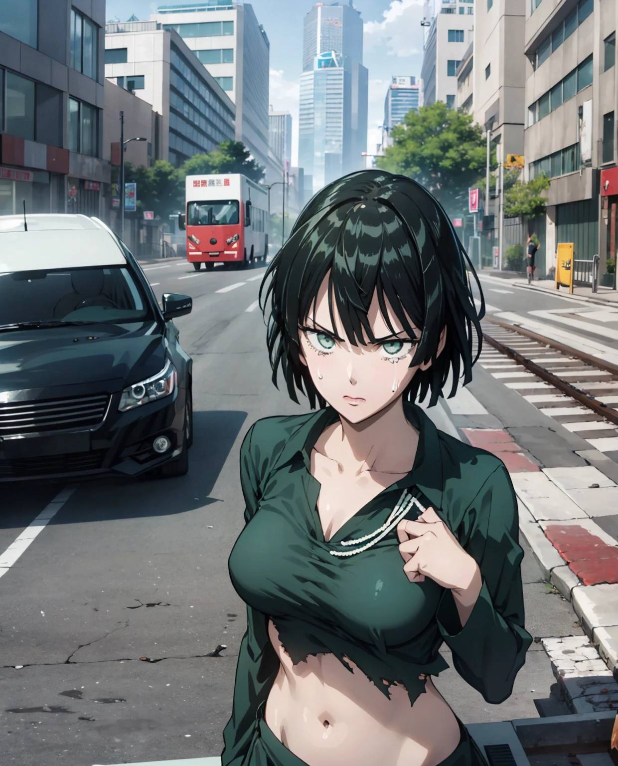 (((pixel-perfect, detail-perfect))), 独奏, 1girl, fubuki,collared dress, collarbone, necklace, looking at viewer, Closed Mouth、Torn clothes、Sweat、belly button、Upper body naked、blush、Embarrassing、Whiplash tracks、regrettable、it hurts、tears、Ruined City、Dust cloud、audience、Fighting Stance、Fall down、Look down、Sit on the ground