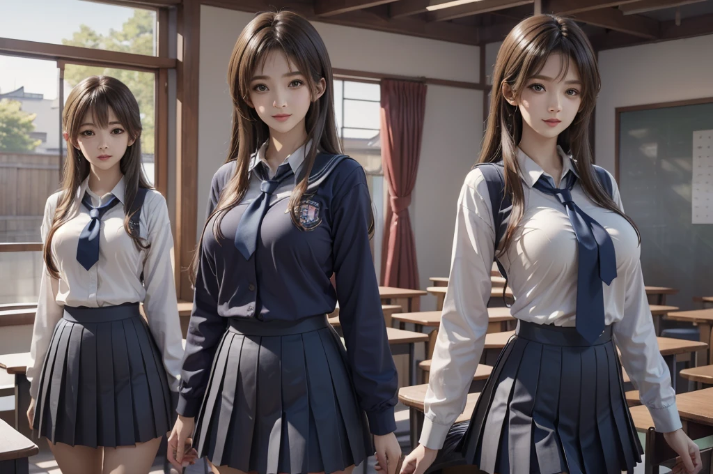 ((((5 Cute Girls))), (Japan schoolgirl), 16 years old, jk, yuri), (school uniform), (White shirt), (red neck tie), (Navy blue pleated skirt), miniskirt, (wearing the same uniform), perfection female form, perfection face, Glossy pink lips, Expressive eyes, eye shadow, eyeliner, ((Huge natural breasts)), (Narrow waist), (floating hair), expressive hair, long eyelashes, classroom, they look like they're having fun, look here, pose for a photo, (cowboy shot), UHD, masterpiece, accurate, anatomically correct, textured skin, super detail, high details, high quality, best quality