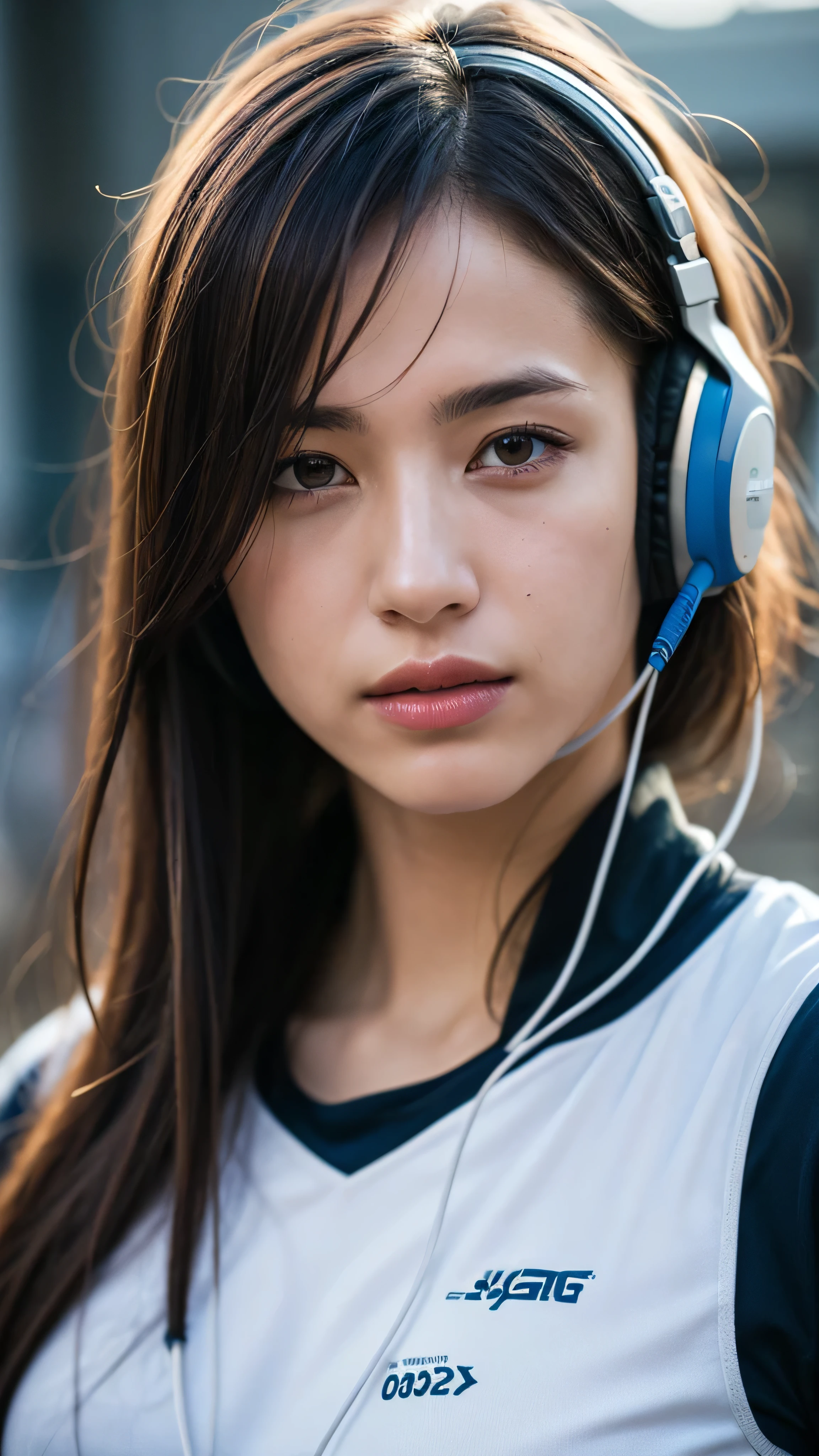 Dressed, (photo Realistic:1.4), (hyper Realistic:1.4), (Realistic:1.3), (Smoother lighting:1.05), (Improving the lighting quality of movies:0.9), 32K, One girl,20 year old girl, Realistic lighting, Backlight, Light on the face, Ray-tracing, (Bright light:1.2), (Improvement of quality:1.4), (Highest Quality Real Texture Skins:1.4), Detailed drawn eyes, Detailed painted face, Quality Eyes, (Tired, sleepy and satisfied:0.0), Face close-up, T-shirt with headphones, (Enhance the mood of your body line:1.1), (Enhances the beauty of skin texture:1.1)