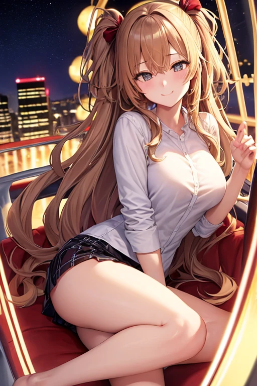 ((Highest quality)), ((masterpiece)), (detailed), One girl,
Chestnut Hair Slit eyes Night view Ferris wheel White shirt Close your eyes Vertical roll hair smile