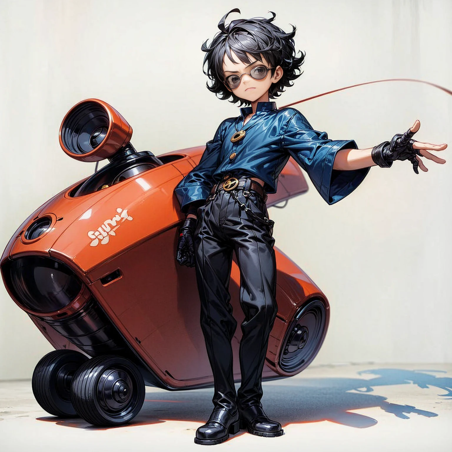 Kid boy, sunglasses, short Curly hair, black color hair, blue Sleeves shirt, short pants, boots, full body version, solo character, standing gesture, full white background, shadow, Small toy robot in hand, (one piece style art)