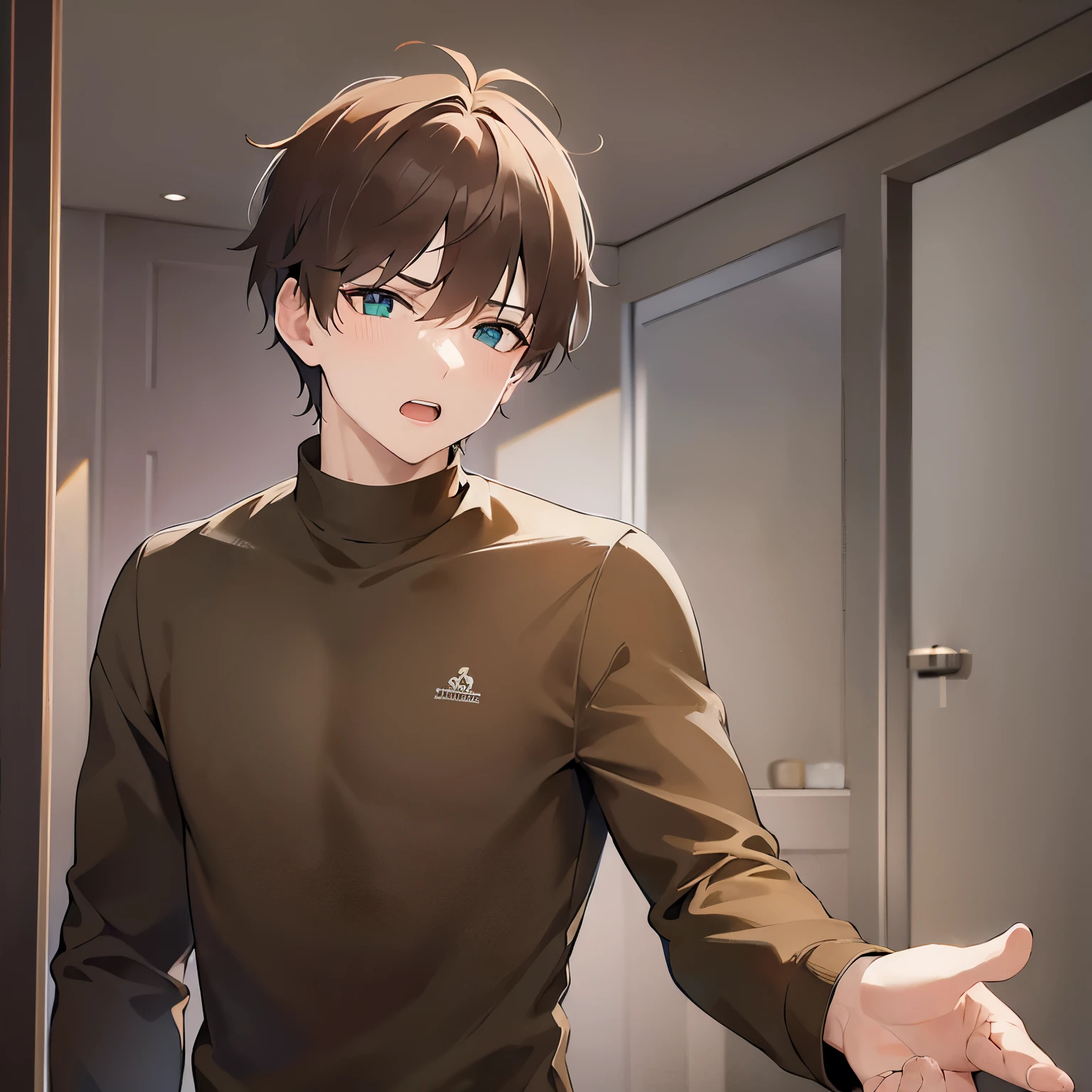 BREAK (25-year-old male:1.5) and (Mahogany brown short hair) and (Green Eyes)
BREAK(looking away:1.5),upper body、Hands out in front、
masterpiece、Highest quality、
,Black long sleeve shirt
,confused,(open mouth:1.5),Background is bedroom at night
