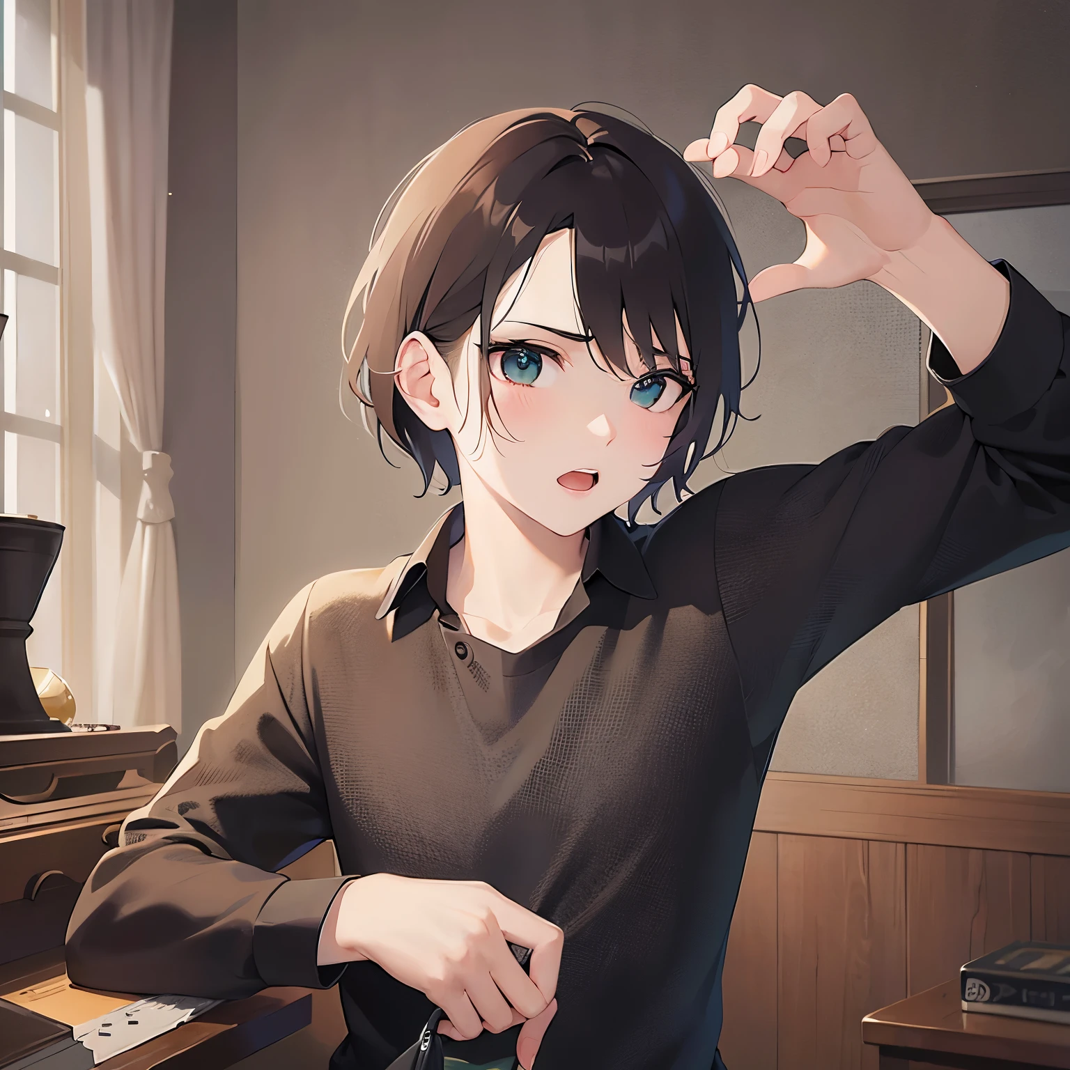 BREAK (25-year-old male:1.5) and (Mahogany brown short hair) and (Green Eyes)
 BREAK(looking away:1.5),upper body、Hands out in front、
masterpiece、Highest quality、
,Black long sleeve shirt
,confused,(open mouth:1.5),Background is bedroom at night