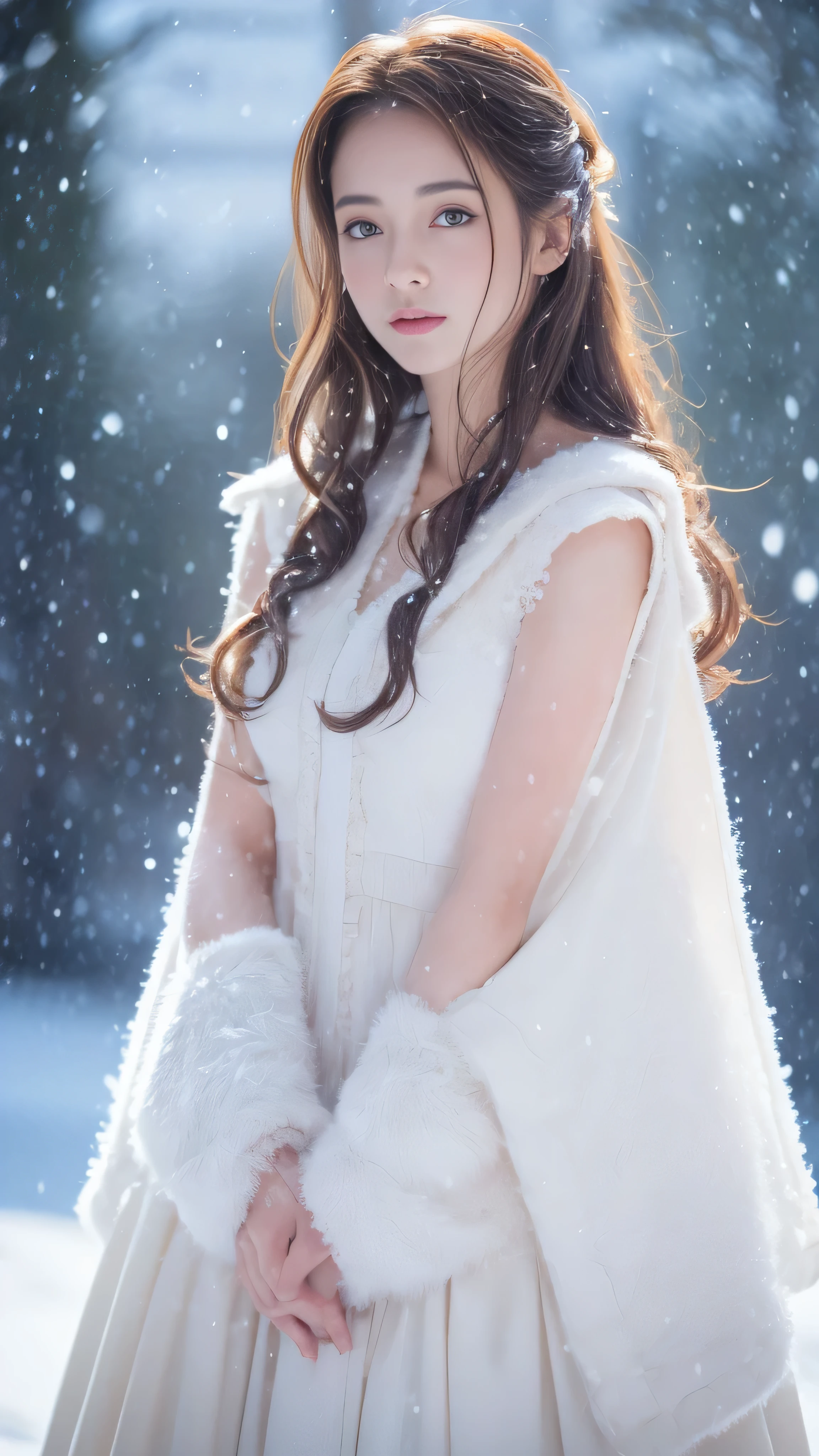 (highest quality, 8k, 32K，details are very clear),Realistic, High resolution, 1 Japanese Women, alone, (Lolita Costume)，Gorgeous costumes，Facing the audience，(Upper Body，Upper limbs)， Beautiful Eyes, brown hair, Ring-shaped eyes, (outside，Heavy snowfall，thick fur cape，Cover with snow)，Snowfield，blue eyes，highest qualityのイラスト，Detailed facial features