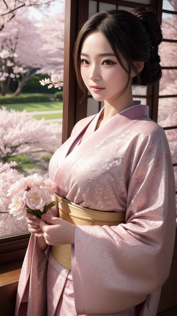 A beautifully detailed and aesthetic image of a girl wearing a kimono. She has strikingly detailed eyes, surrounded by light particles that enhance the delicate features of her face. The scene includes cherry blossoms in the background, adding to the serene and elegant atmosphere. She is adorned with tasteful jewelry, enhancing her overall appearance. The composition is a medium shot, capturing her beauty and the intricate details of the kimono and surroundings in a highly detailed, visually captivating manner.