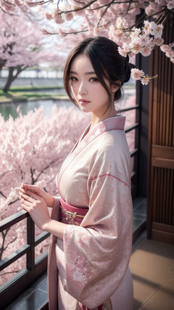 A beautifully detailed and aesthetic image of a girl wearing a kimono. She has strikingly detailed eyes, surrounded by light particles that enhance the delicate features of her face. The scene includes cherry blossoms in the background, adding to the serene and elegant atmosphere. She is adorned with tasteful jewelry, enhancing her overall appearance. The composition is a medium shot, capturing her beauty and the intricate details of the kimono and surroundings in a highly detailed, visually captivating manner.