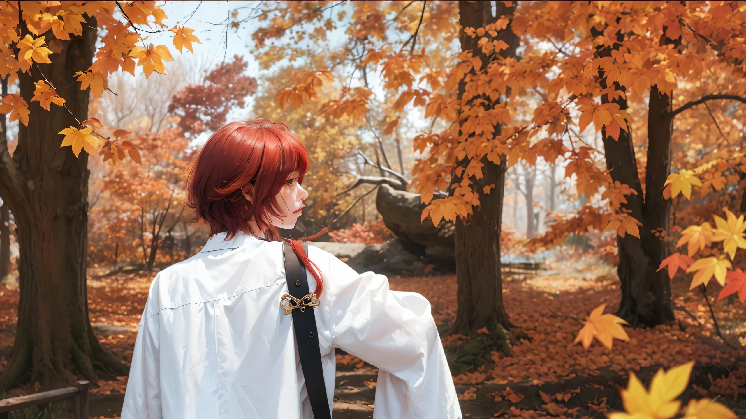 ((TAKASUGI SHINKAKU_FATE GRAND ORDER)),((realistic, photorealistic)),(highlight hair)), Light reflection, (( HD )),((upper body)), (((best quality, masterpiece))), (masterpiece) (best quality) (detail) (8k) (HDR) (wallpaper) (cinematic lighting) (sharp focuasterpiece, best quality: 1.1), Real life adaption of this character, Shining green eyes, realistic outfit, realistic shadow, realistic light, realism, hyper realistic, realistic background,Realistic hair, realistic hair at the back,(photorealistic:1.2),(masterpiece:1.2, best quality), (ultra-detailed), (illustration), (ultra highres), (delicate illustration), (hyper-detailed), (super detail:1.3), professional lighting, cinematic lighting, (nostalgia and peacefulness:1.3), professional (landscape painting) of natures, rogowoarboretum beautiful tree with red and yellow leaves,autumn, intricate detail, sunny weather, natural lighting, very sharp,1man,Red hair,With your back to the viewer,Sword