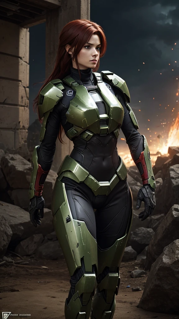 Halo game, skinny, female spartan, no helmet, dark red hair, broken armor, battle damaged, nsfw, masterpiece quality