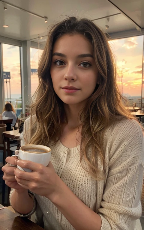 belle blonde portant un pull rose (sipping coffee in a modern cafe at sunset), very detailed, 21 ans, visage innocent,square jaw,natural wavy hair, blue eye, high resolution, head of&#39;artwork, best quality, intricate details, very detailed, sharpness, detailed skin, realistic skin texture, texture, detailed eyes, professionnel, 4K, charming smile, shot with Canon, 85mm, shallow depth of field,  kodak vision color, corps parfaitement ajusté, extremely detailed, Photo_\(ultra\), photorealistic, realistic, Post-traitement, maximum detail, roughness, real life, ultra realistic, photorealism, la photographie, 8k uh, la photographie