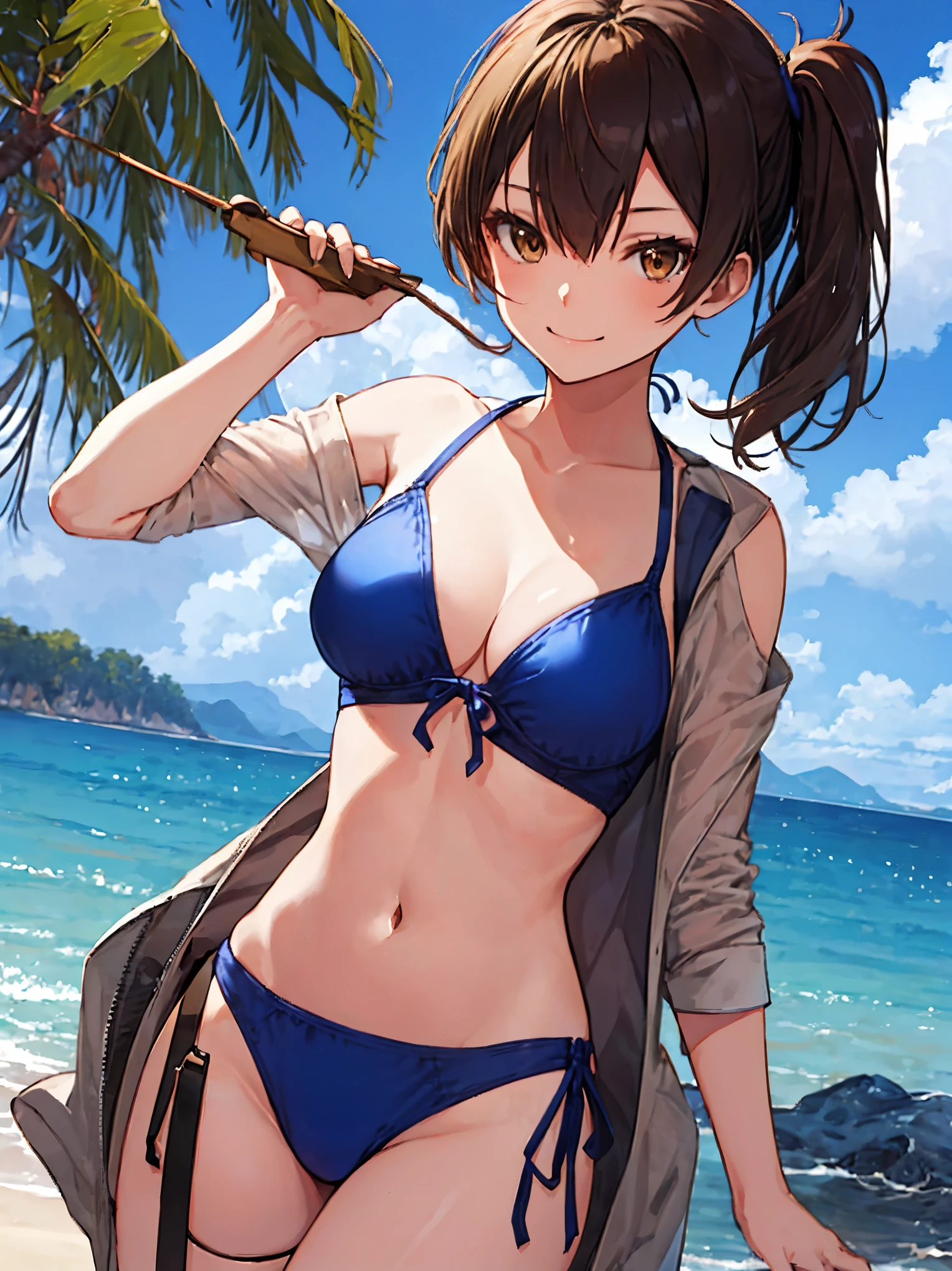 Beautiful illustration、top-quality、Kaga_kantaicollection
brown_hair, Side_Ponytail, brown_Eyes, Short_hair, (gigantic_breasts1.3) long_hair、Blue Bikini、 coast_landscape,(abs:0.5),navel,solo,smile,happy