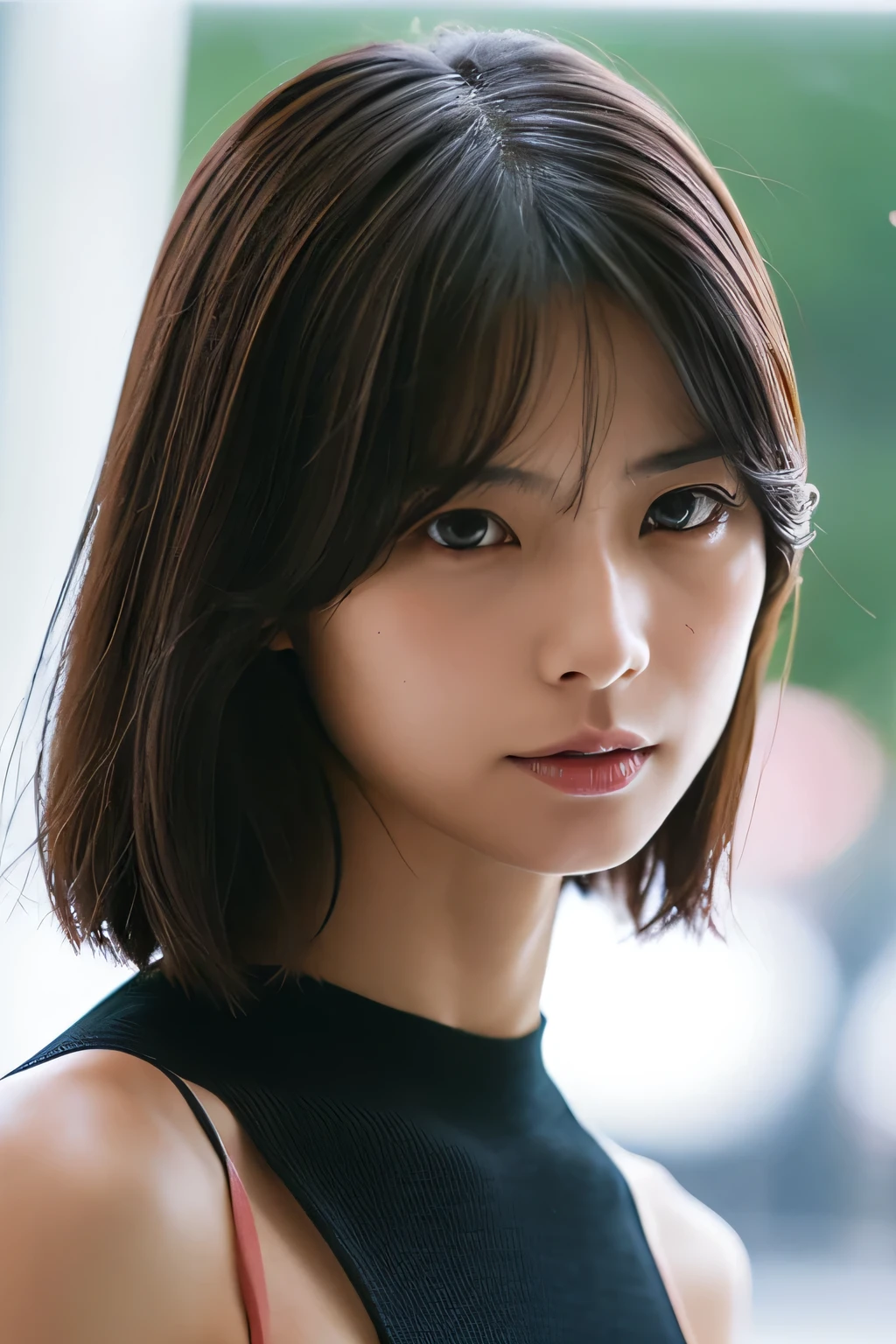 (Hyper Reality: 1.35), (Realistic: 1.4), A beautiful Japanese woman, smile, alone. (((No makeup))), masterpiece, 最high quality, high quality, alone, Very good, Puberty, Only one girl, Well-trained slim body, muscular, slim body, breasts apart, (最high quality)),((Very delicate and beautiful)),((Very shallow depth of field)), ((Incredibly shallow depth of field)). Familiar, ((Very delicate and beautiful)), (((Very shallow depth of field))), (((Unbelievably absurd))), dark brown hair, blowing boyish bob hair, shag messy hair, wolf cut, big hair, Windで揺れる髪, Slim body type, ((( Camera Eye)))), (((small ))), Looks like a salon model, Cool face, Neutral facial features,(ecstasy:1.3) ,(slut:1.2),(vulgarity:1.3),(fucked silly:1.1),(steam:1.1),(Wet:0.8),(trembling:0.8),(tears:0.7) ,(drooling:0.6),(sweat:0.8),open mouth, poor, Dynamic Angle, Focus on the woman's eyes, {Particles of light}, Detailed Background, Soft lighting, (dramatic), sunset, very beautiful sunset, Live Action, Realistic, (blurred background), ((())), (((Wind))), ((Movement)), ((emotion)), ((colorful)), ((Baby Face)), Wither, sea background, (((whole body))), (((knees:1.4))), walking, sports bra,