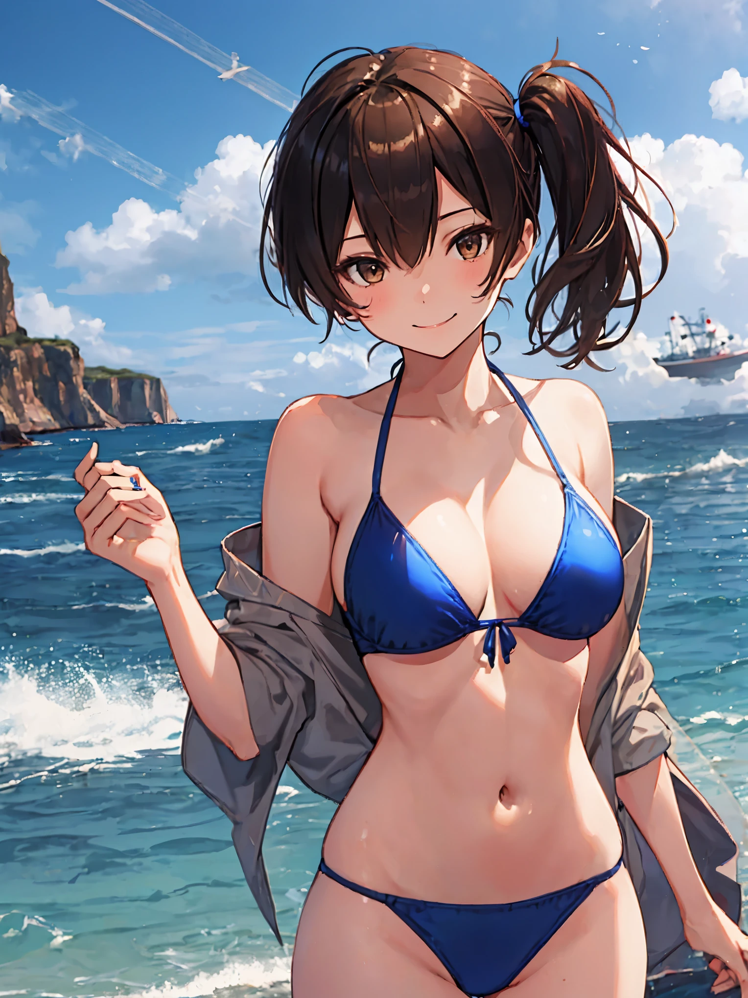 Beautiful illustration、top-quality、Kaga_kantaicollection
brown_hair, Side_Ponytail, brown_Eyes, Short_hair, (gigantic_breasts1.3) long_hair、Blue Bikini、 coast_landscape,(abs:0.5),navel,solo,smile,happy