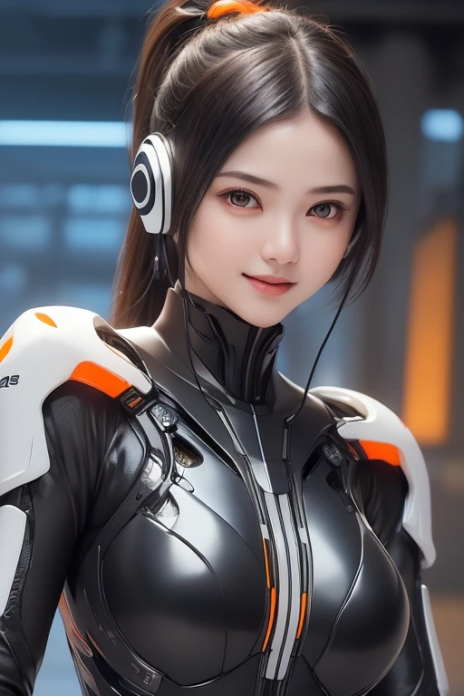 Top Quality, Masterpiece, Ultra High Resolution, (Photorealistic: 1.4), Raw Photo, 1 Girl, Black Hair, Glossy Skin, 1 Mechanical Girl, (((Ultra Realistic Details)), Portrait, Global Illumination, Shadows, Octane Rendering, 8K, Ultra Sharp, Intricate Ornaments Details, realistic skin, sweat effect, ((wearing Headphone)), very intricate detail, realistic light, CGSoation trend, brown eyes, glowing eyes, matte black and glossy orange mechanical bodysuit, Long hair, black hair, Ponytail hair, Half body shot, spaceship bridge background, dynamic pose, cute smile, close up, Open Mouth, facing audience