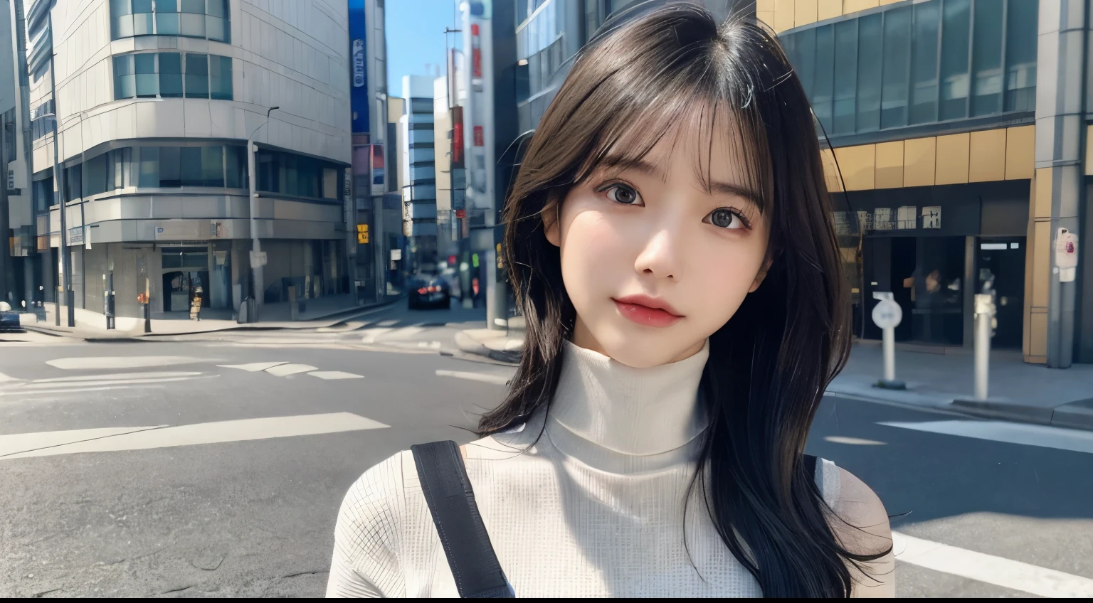 (Huge 、Turtleneck knit、Shoulder bag)、(Highest quality,masterpiece:1.3,Ultra-high resolution,),(Very detailedな,Caustics),(Realistic:1.4,RAW shooting,)Ultra-Realistic Capture,Very detailed,High resolution 16K suitable for human skin、 The skin texture is natural、、The skin looks healthy、The color is also uniform..、 Use natural light and colour,One Woman,Japanese,,cute,Black-haired,Mid-length hair,(Written boundary depth、chromatic aberration、、Wide range of lighting、Natural Shading、)、(Hair swaying in the wind:1.2)、Tokyo cityscape