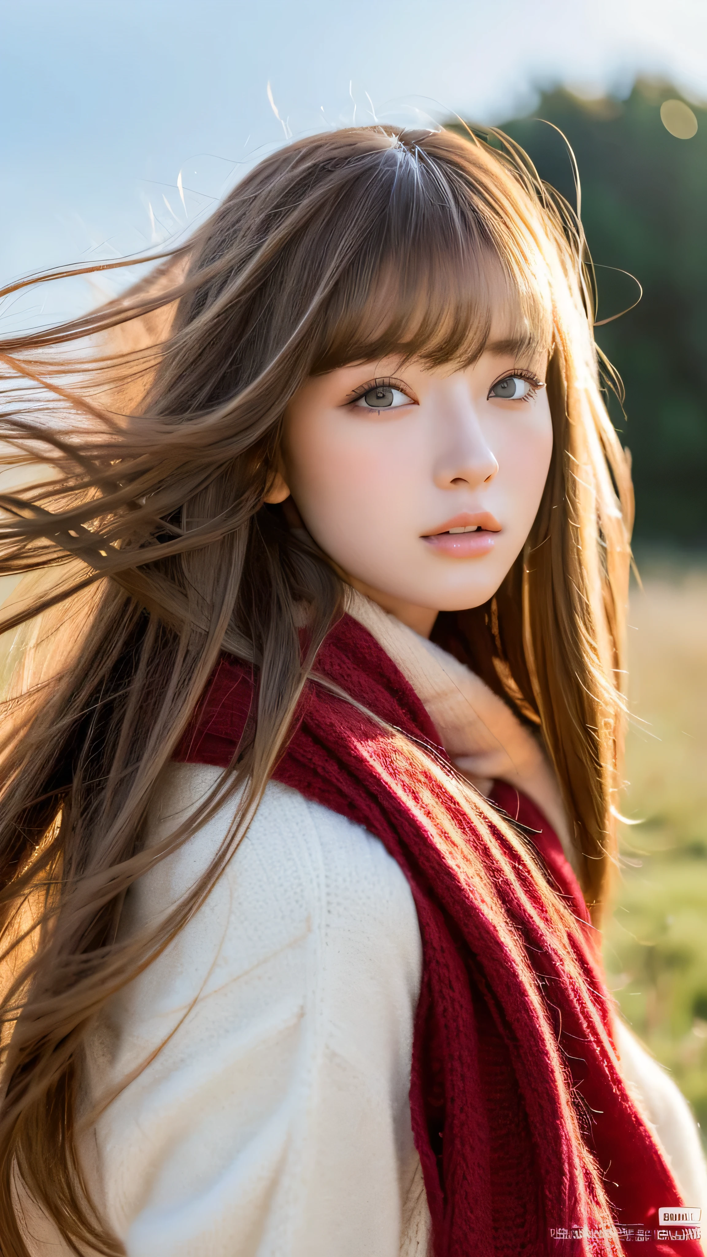 ((Hair blowing in the wind、No makeup:1.2))、(Realistic、Photorealistic、Very detailed、Best detailed skins、Highest quality、masterpiece、Ultra-high resolution)、Cute Russian Women、、high school girl、Young girl、1 girl、Has bangs、Ash Blonde:1.7、double eyelid、Drooling eyes、Japanese style face、purity、Realistic肌タイプ、Thick muffler、Red scarf、Fluffy hair、((There&#39;Hair in scarf:1.3))、Red cheeks、The wind is blowing、that&#39;that&#39;it&#39;s snowing、night、illumination、Lighting from behind、Hair blowing in the wind、((Antarctica、Meteors、A world where you can see the aurora changing from green to red))