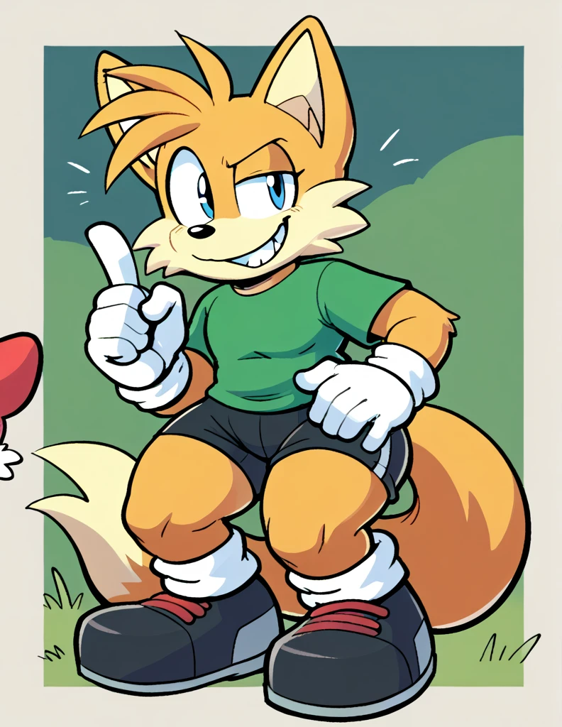 anthro fox is sitting down in a squatting position, wearing black swimming shorts. And has thick thighs, He has a smug and happy expression on his face, with a big cheesy grin and a mischievous glint in his eye. The cartoon style is reminiscent of Chuck Jones' work from the 1980s, with bold outlines, simple shapes, and bright colors that pop on the page. The background is minimally detailed, with plain grass and a sunny sky