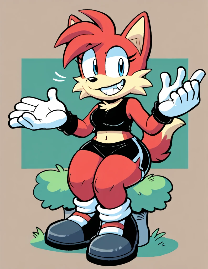 anthro fox is sitting down in a squatting position, wearing black swimming shorts. And has thick thighs, He has a smug and happy expression on his face, with a big cheesy grin and a mischievous glint in his eye. The cartoon style is reminiscent of Chuck Jones' work from the 1980s, with bold outlines, simple shapes, and bright colors that pop on the page. The background is minimally detailed, with plain grass and a sunny sky